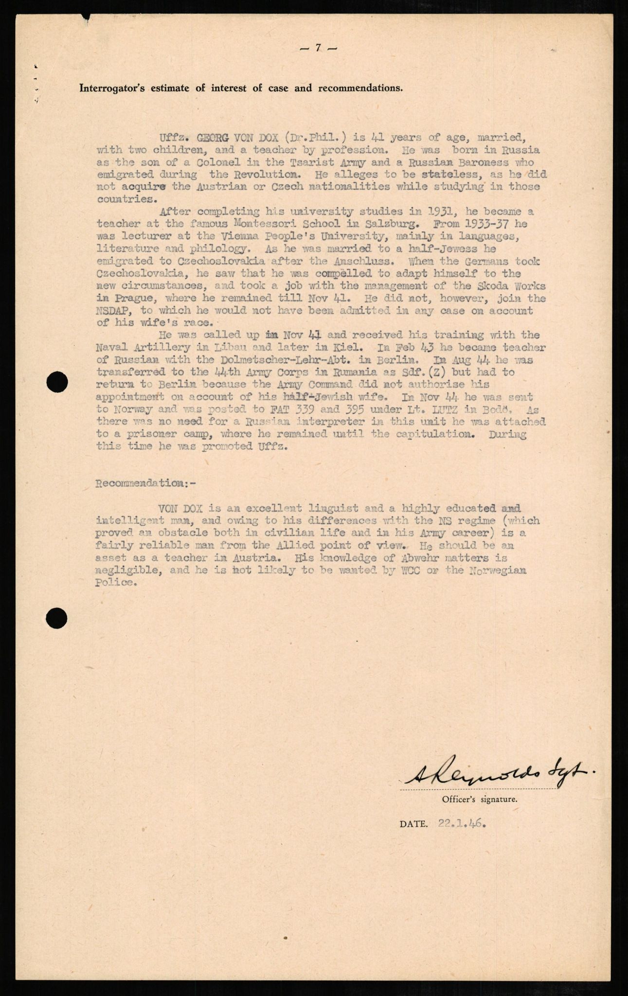 Forsvaret, Forsvarets overkommando II, AV/RA-RAFA-3915/D/Db/L0006: CI Questionaires. Tyske okkupasjonsstyrker i Norge. Tyskere., 1945-1946, p. 180