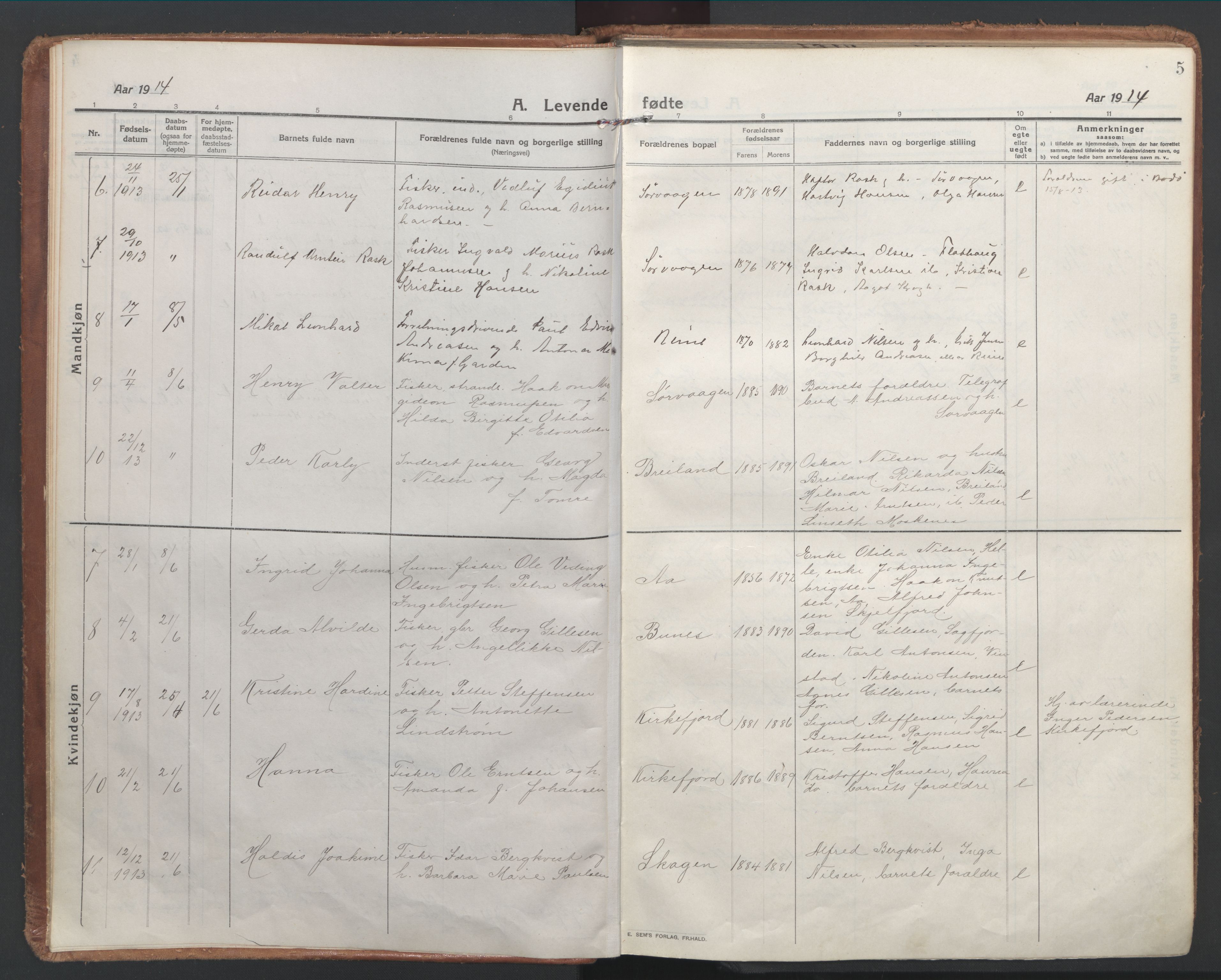 Ministerialprotokoller, klokkerbøker og fødselsregistre - Nordland, SAT/A-1459/886/L1222: Parish register (official) no. 886A04, 1914-1926, p. 5