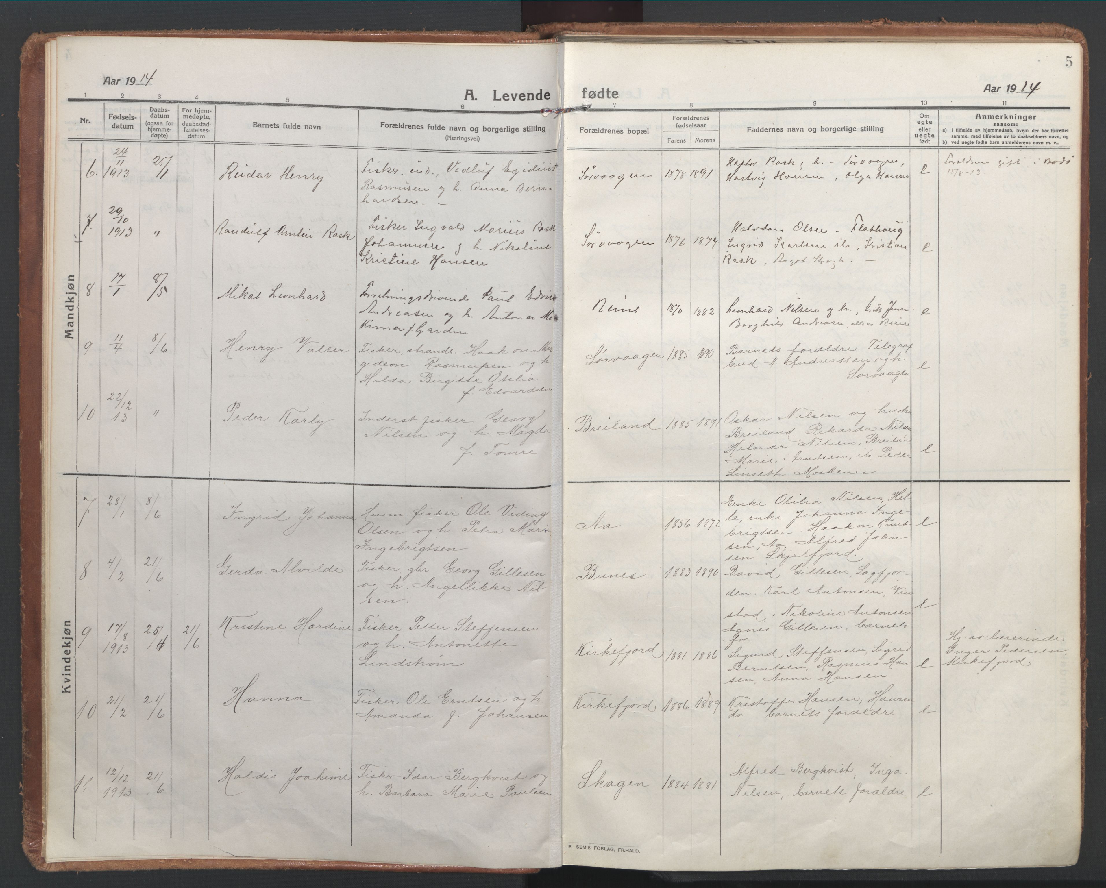 Ministerialprotokoller, klokkerbøker og fødselsregistre - Nordland, AV/SAT-A-1459/886/L1222: Parish register (official) no. 886A04, 1914-1926, p. 5