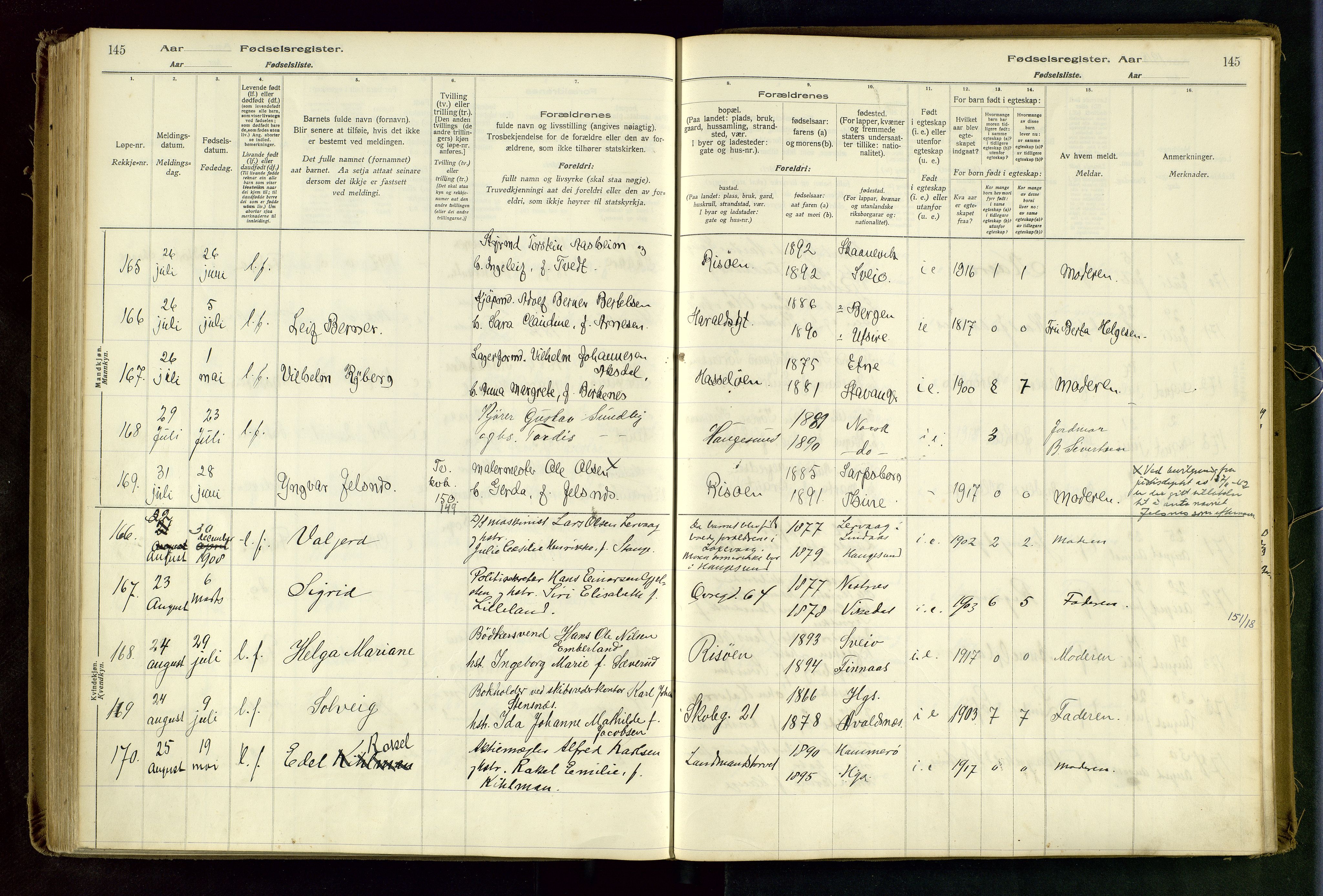 Haugesund sokneprestkontor, AV/SAST-A -101863/I/Id/L0003: Birth register no. 1, 1916-1919, p. 145