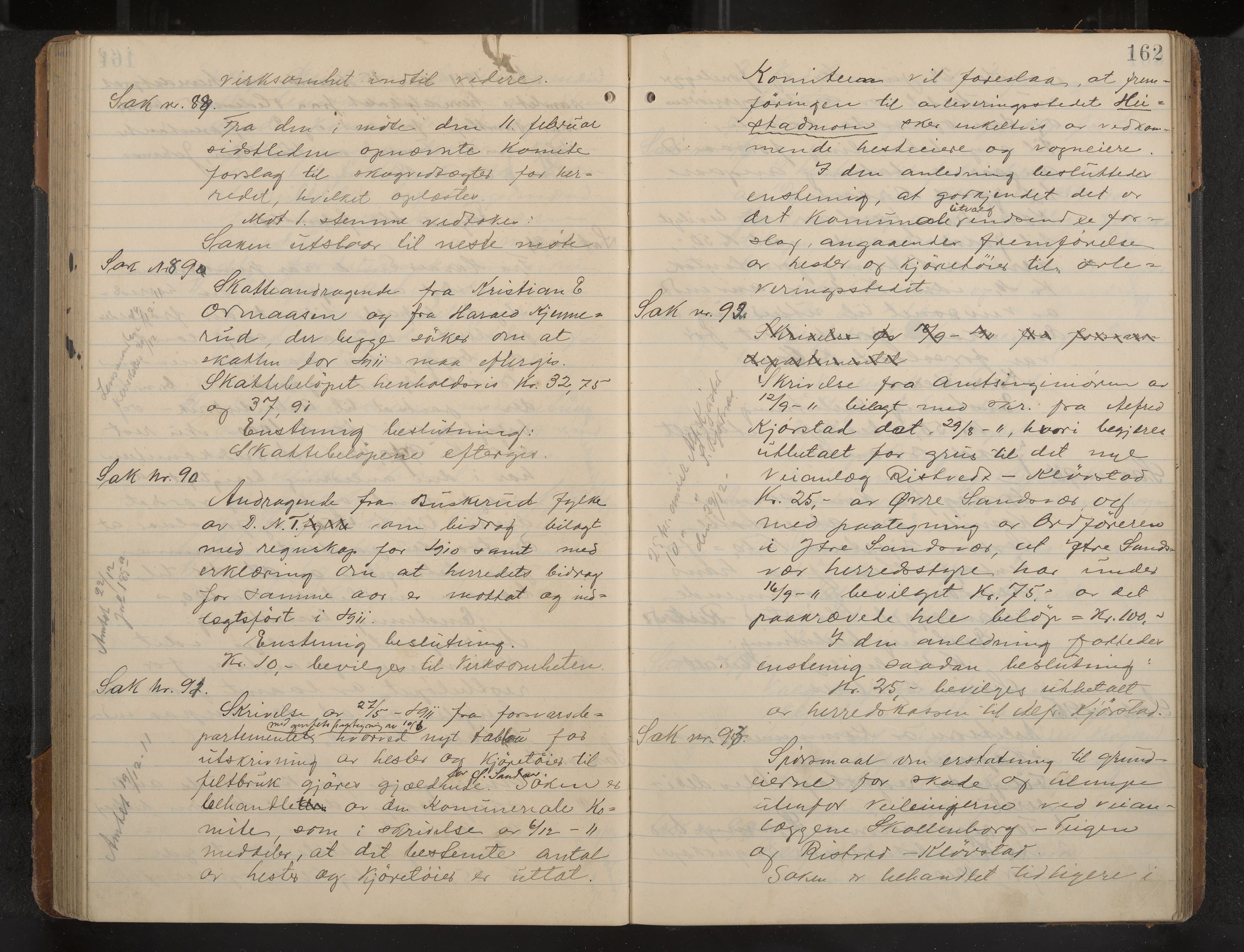 Øvre Sandsvær formannskap og sentraladministrasjon, IKAK/0630021/A/L0001: Møtebok med register, 1908-1913, p. 162