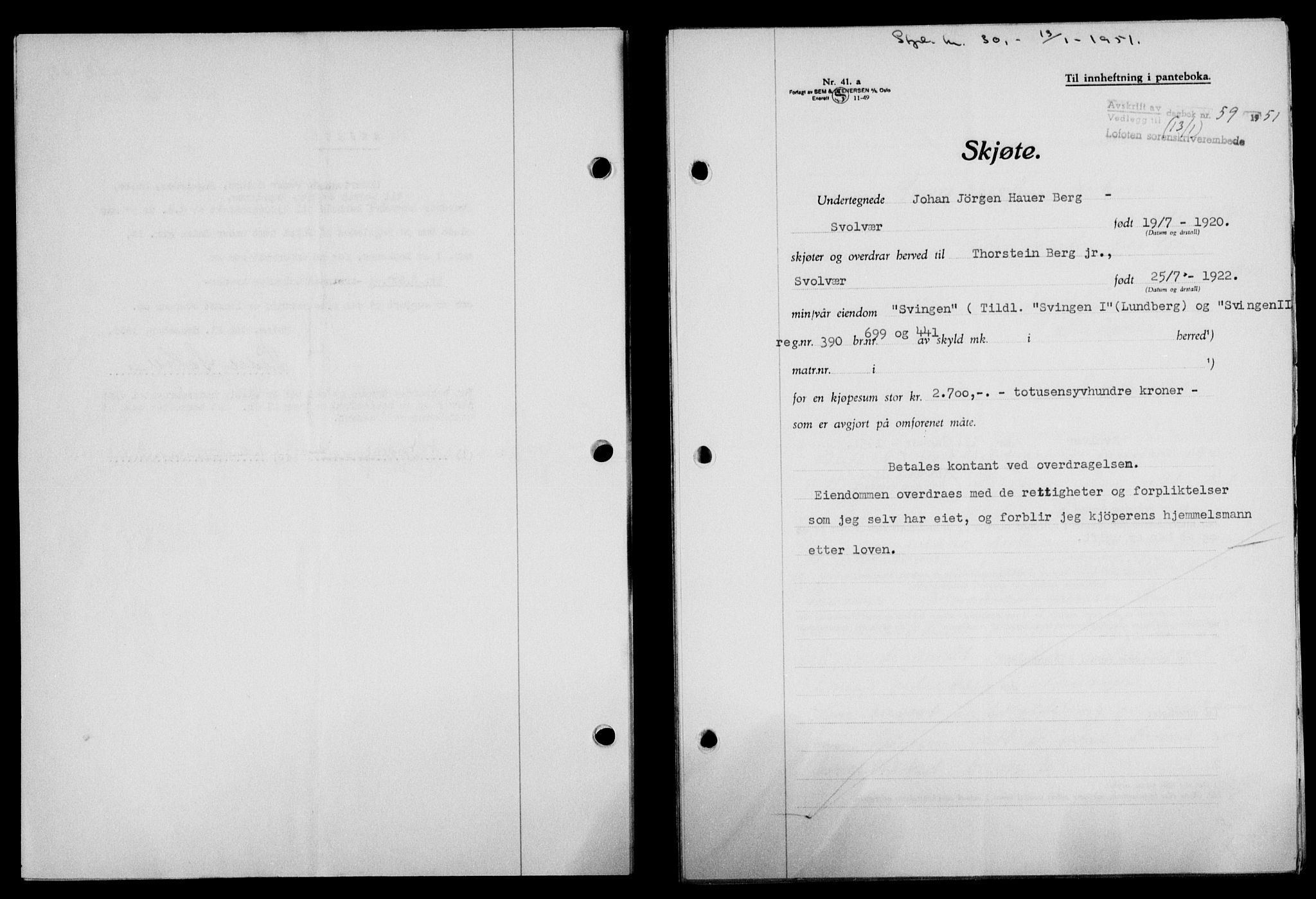 Lofoten sorenskriveri, SAT/A-0017/1/2/2C/L0025a: Mortgage book no. 25a, 1950-1951, Diary no: : 59/1951