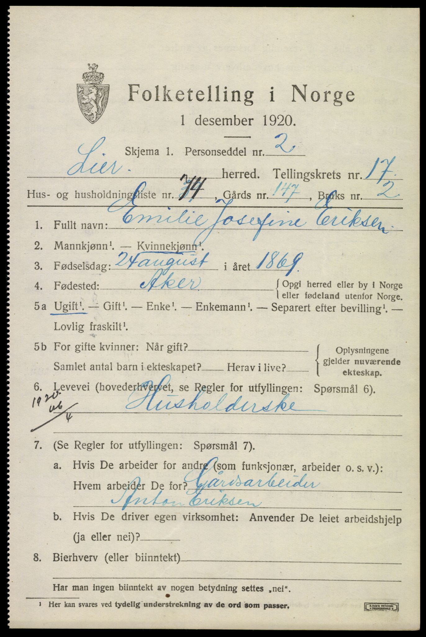 SAKO, 1920 census for Lier, 1920, p. 25292