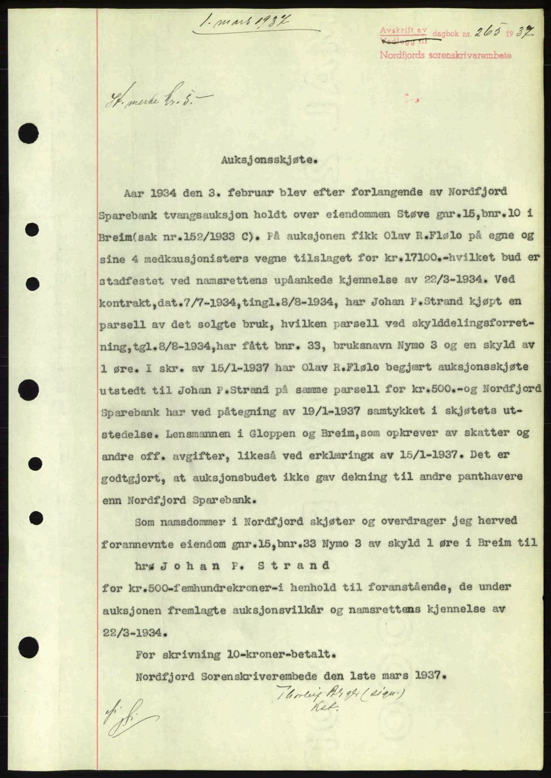 Nordfjord sorenskriveri, AV/SAB-A-2801/02/02b/02bj/L0001: Mortgage book no. A1, 1936-1937, Diary no: : 265/1937