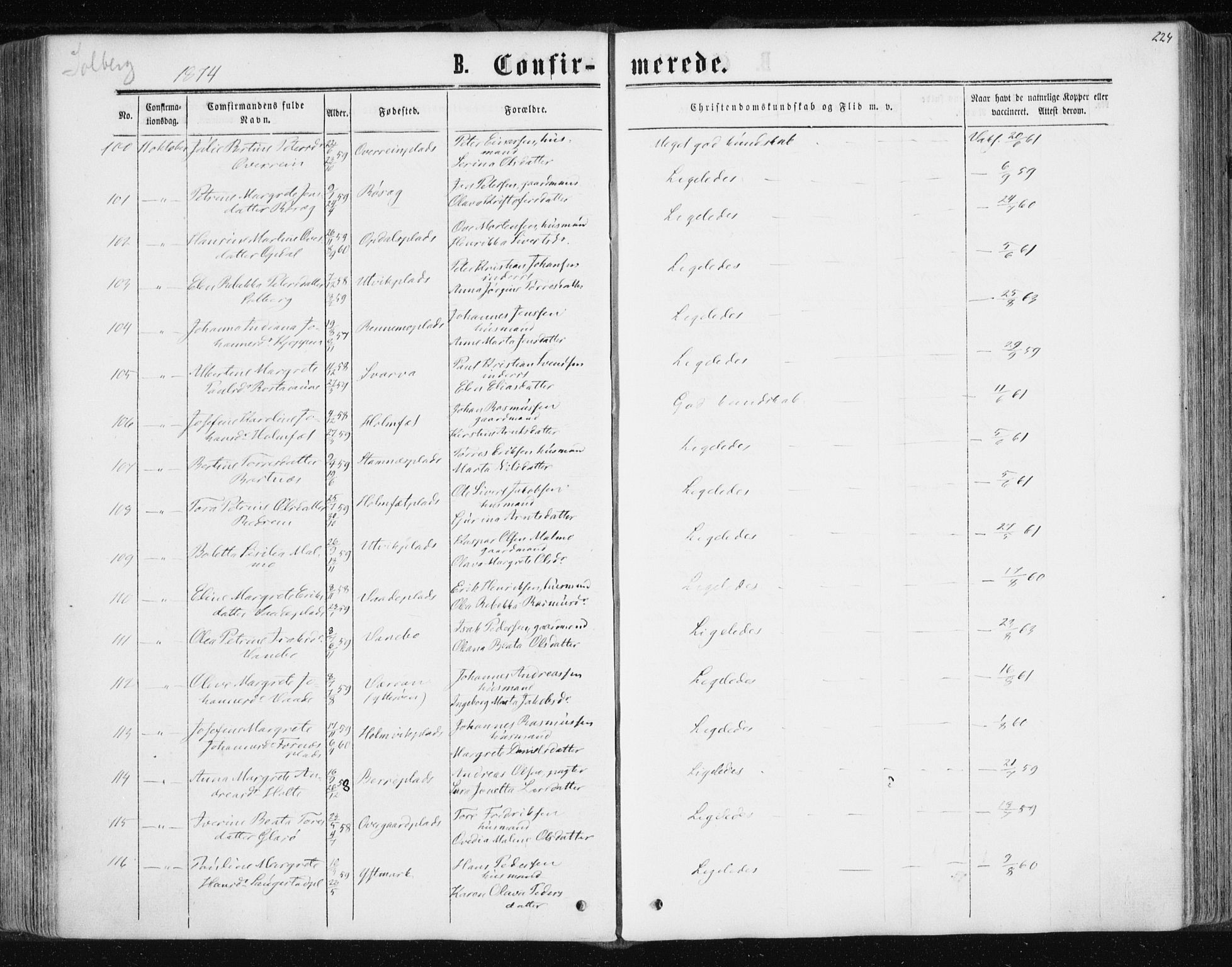 Ministerialprotokoller, klokkerbøker og fødselsregistre - Nord-Trøndelag, AV/SAT-A-1458/741/L0394: Parish register (official) no. 741A08, 1864-1877, p. 224