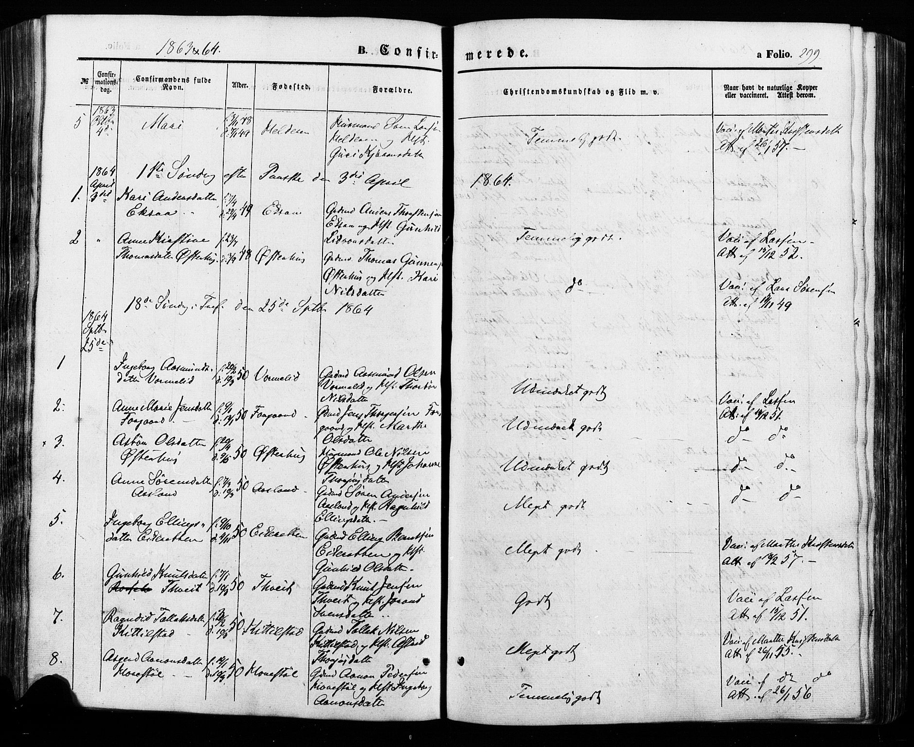 Åseral sokneprestkontor, SAK/1111-0051/F/Fa/L0002: Parish register (official) no. A 2, 1854-1884, p. 299