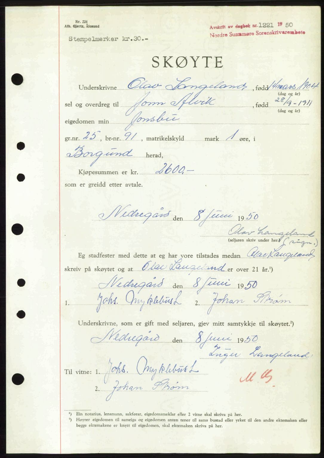 Nordre Sunnmøre sorenskriveri, AV/SAT-A-0006/1/2/2C/2Ca: Mortgage book no. A34, 1950-1950, Diary no: : 1221/1950