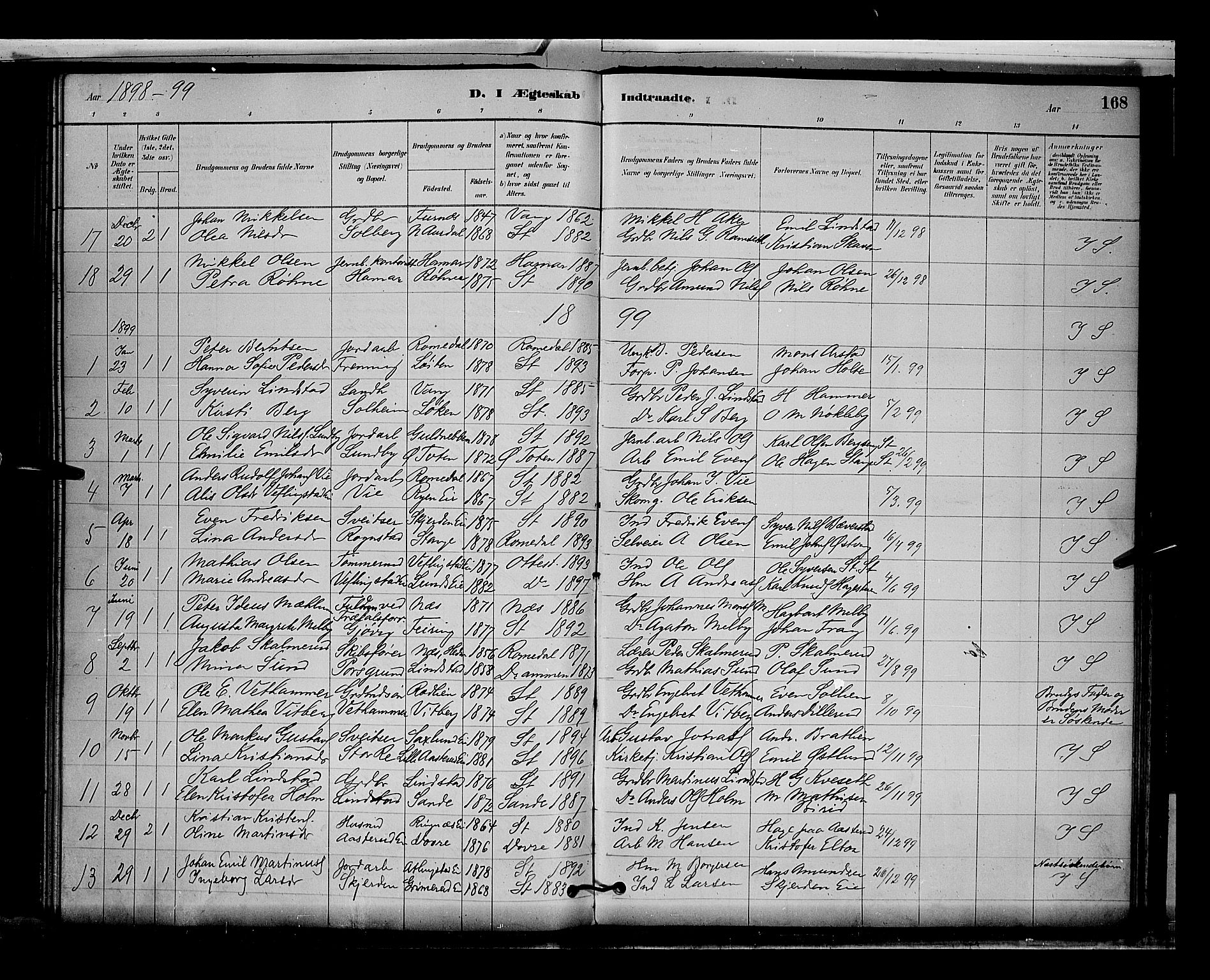 Stange prestekontor, SAH/PREST-002/L/L0009: Parish register (copy) no. 9, 1883-1899, p. 168