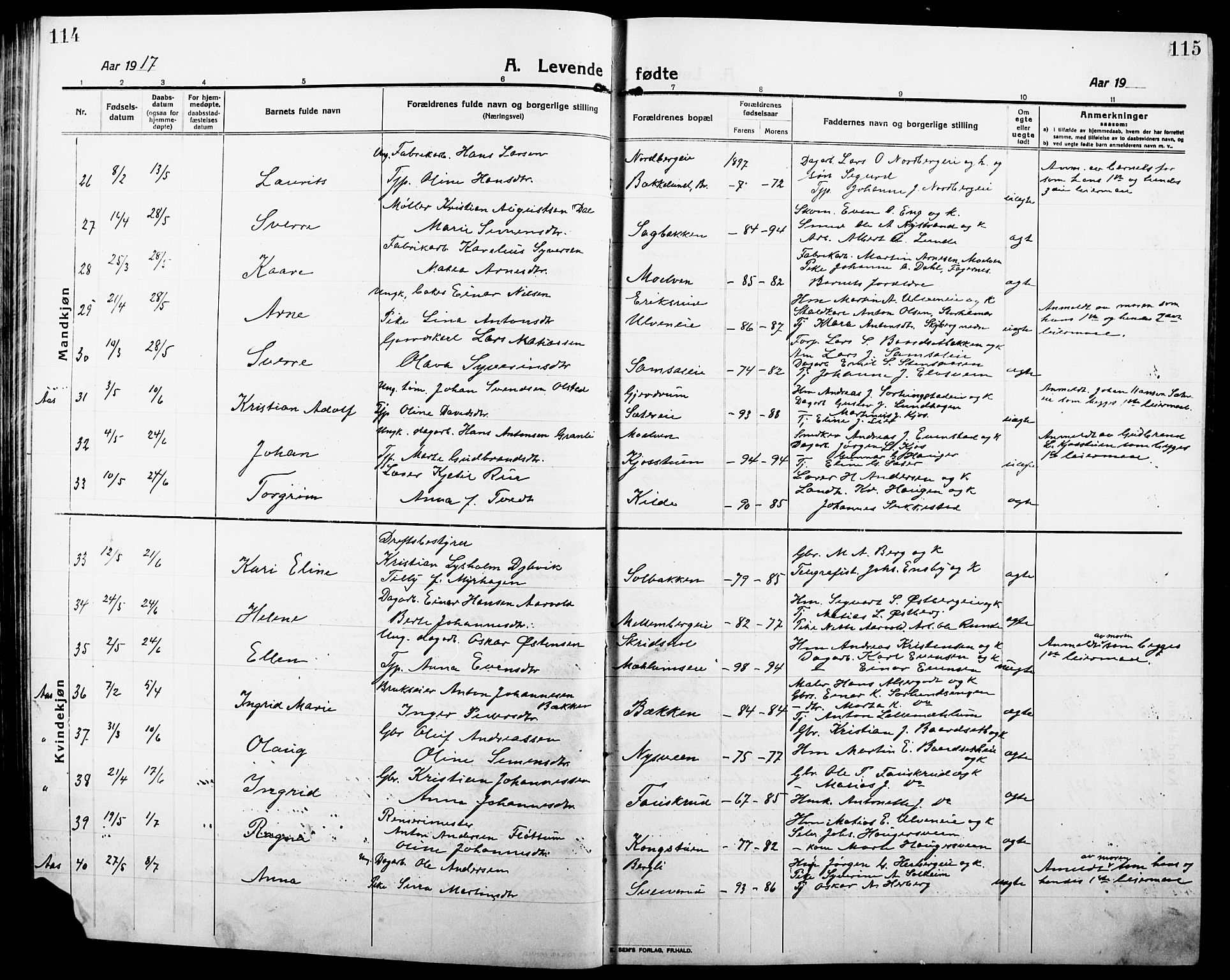 Ringsaker prestekontor, AV/SAH-PREST-014/L/La/L0018: Parish register (copy) no. 18, 1913-1922, p. 114-115