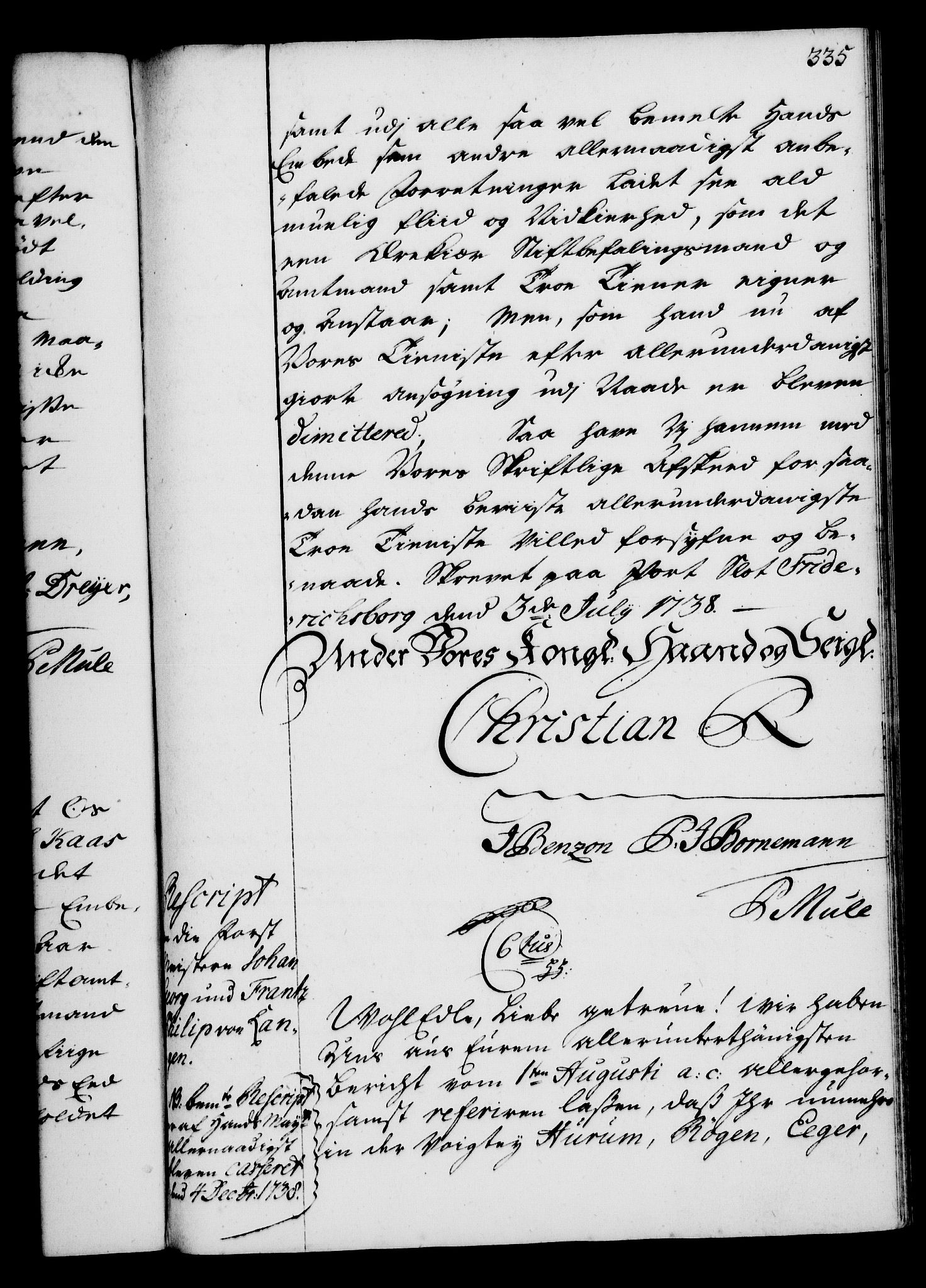 Rentekammeret, Kammerkanselliet, RA/EA-3111/G/Gg/Gga/L0004: Norsk ekspedisjonsprotokoll med register (merket RK 53.4), 1734-1741, p. 335
