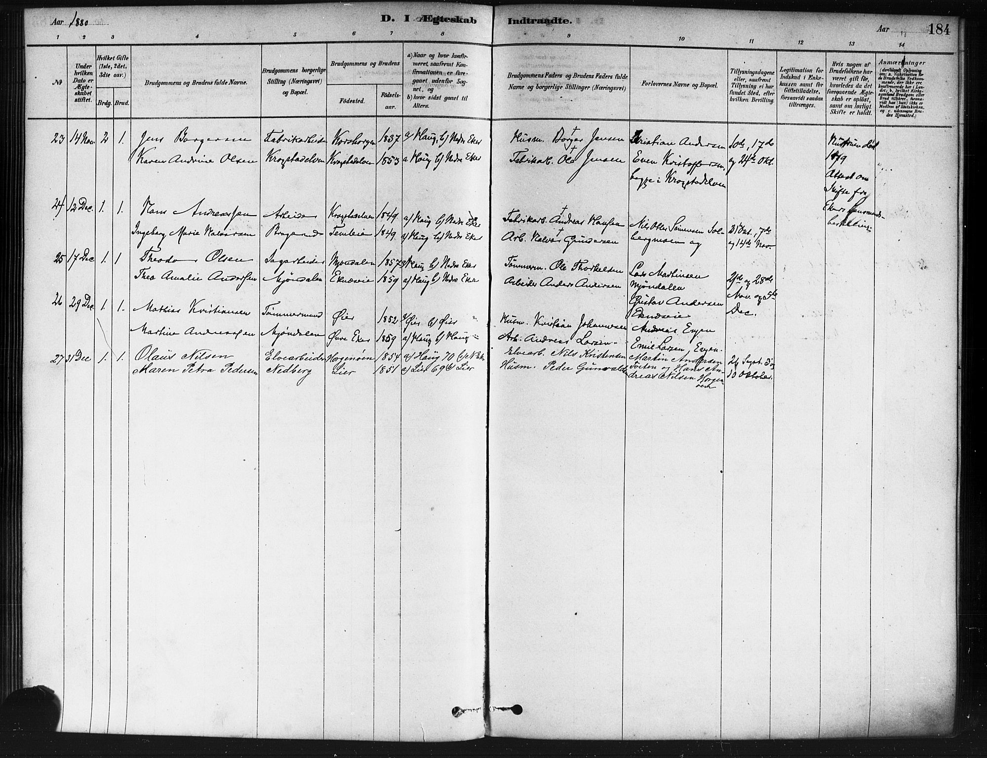 Nedre Eiker kirkebøker, SAKO/A-612/F/Fa/L0002: Parish register (official) no. 2, 1878-1885, p. 184