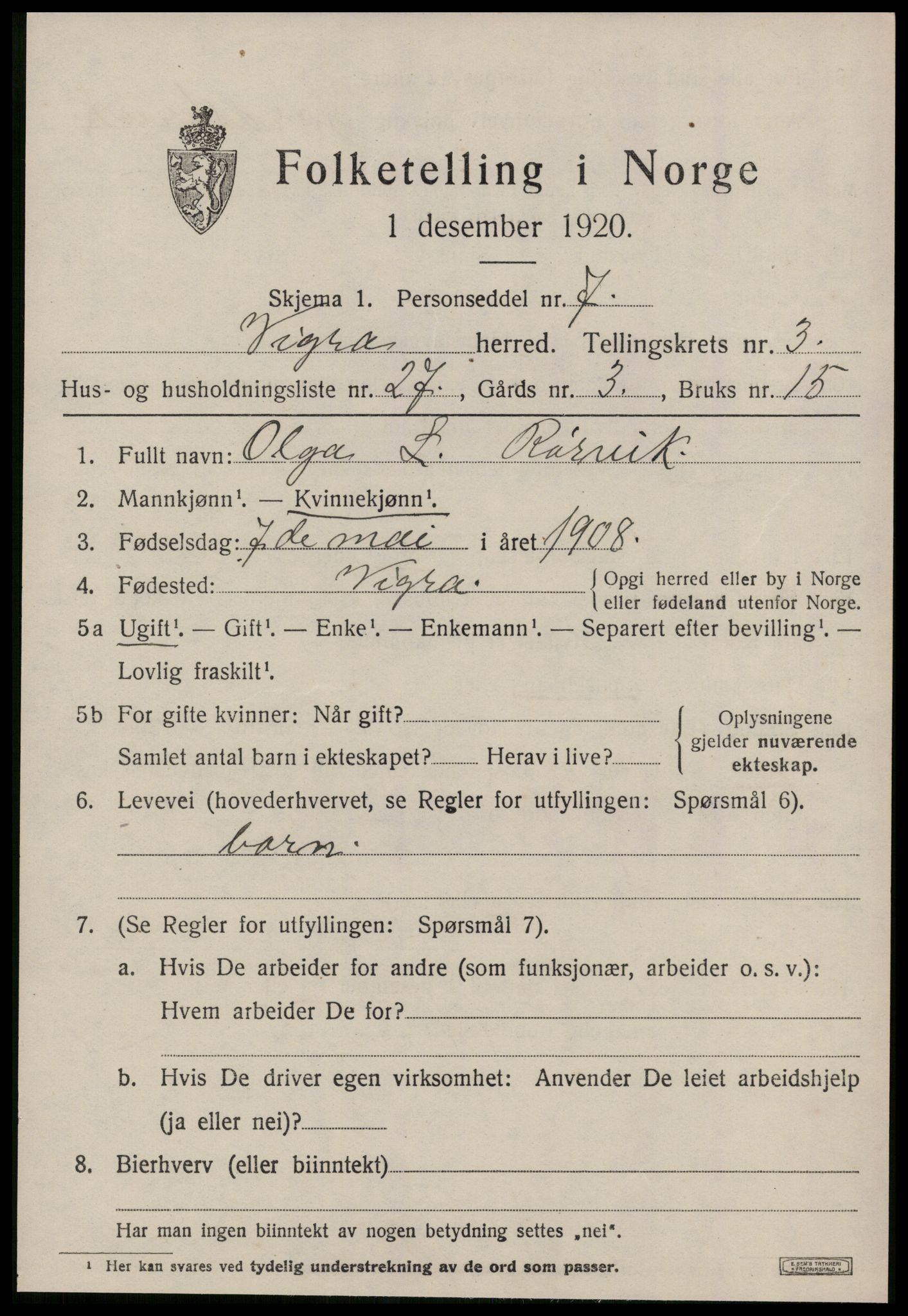 SAT, 1920 census for Vigra, 1920, p. 1734