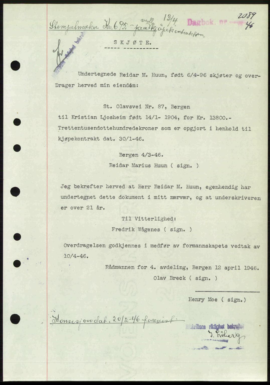 Byfogd og Byskriver i Bergen, SAB/A-3401/03/03Bc/L0022: Mortgage book no. A18, 1946-1946, Diary no: : 2089/1946