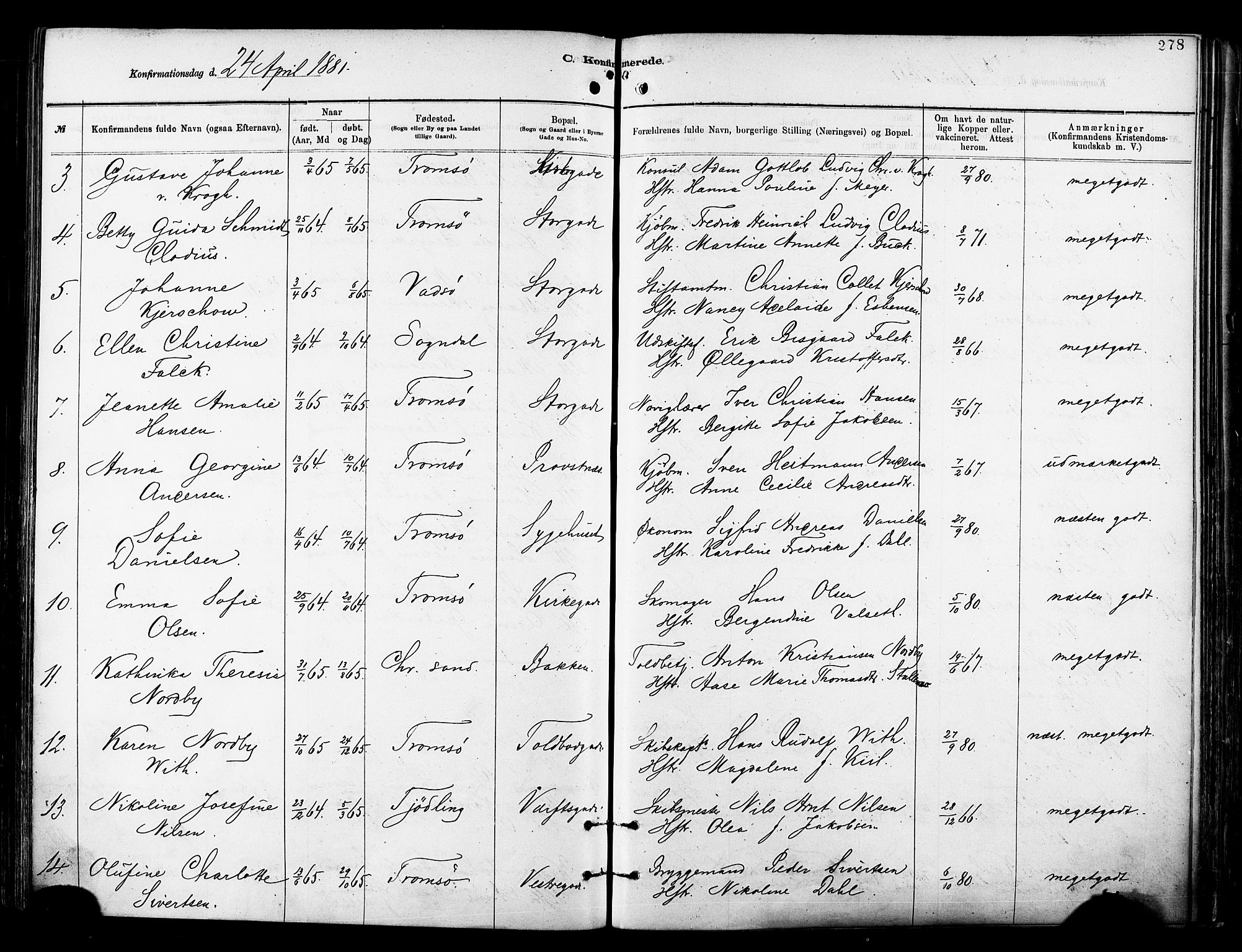 Tromsø sokneprestkontor/stiftsprosti/domprosti, AV/SATØ-S-1343/G/Ga/L0014kirke: Parish register (official) no. 14, 1878-1888, p. 278