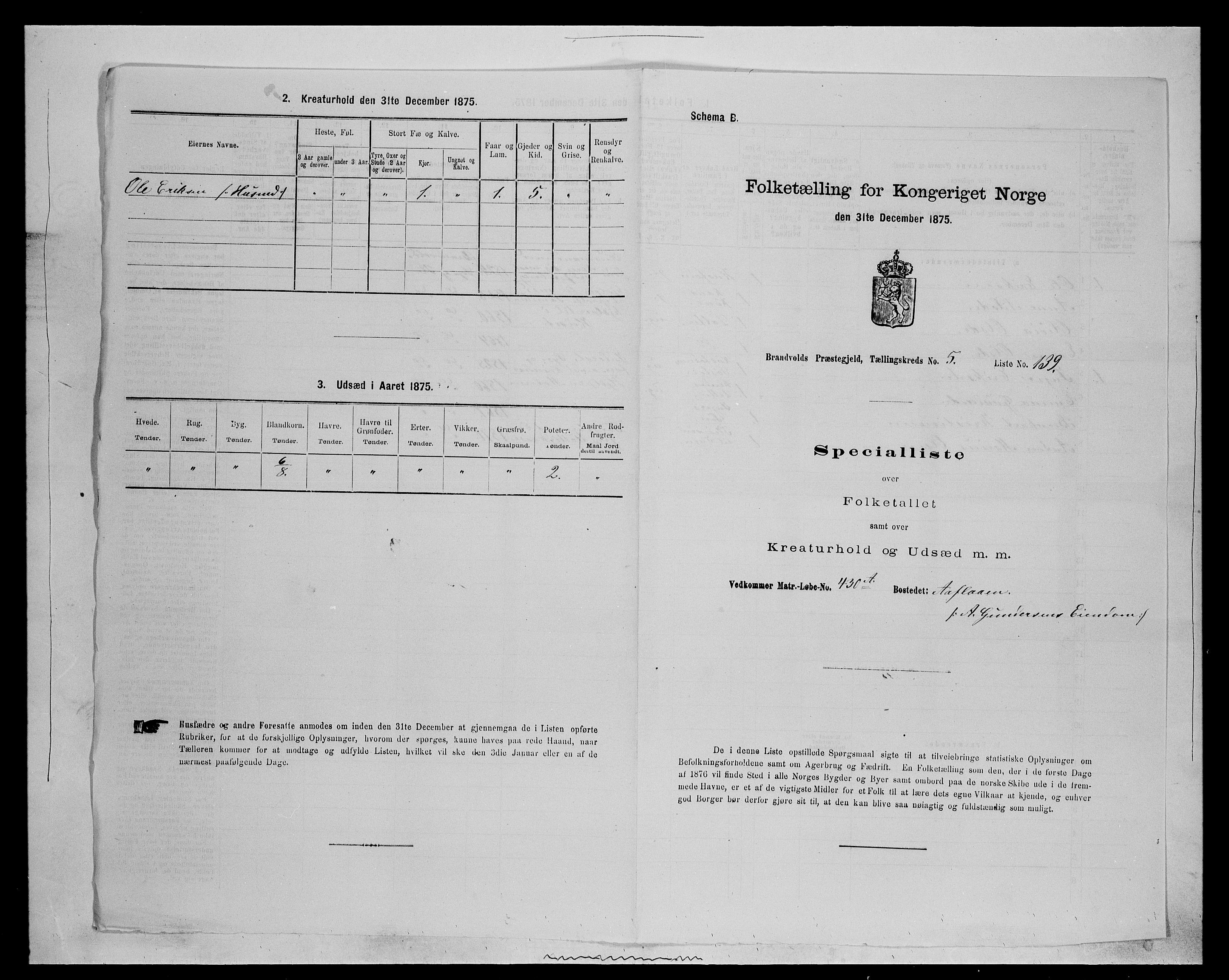 SAH, 1875 census for 0422P Brandval, 1875, p. 1001