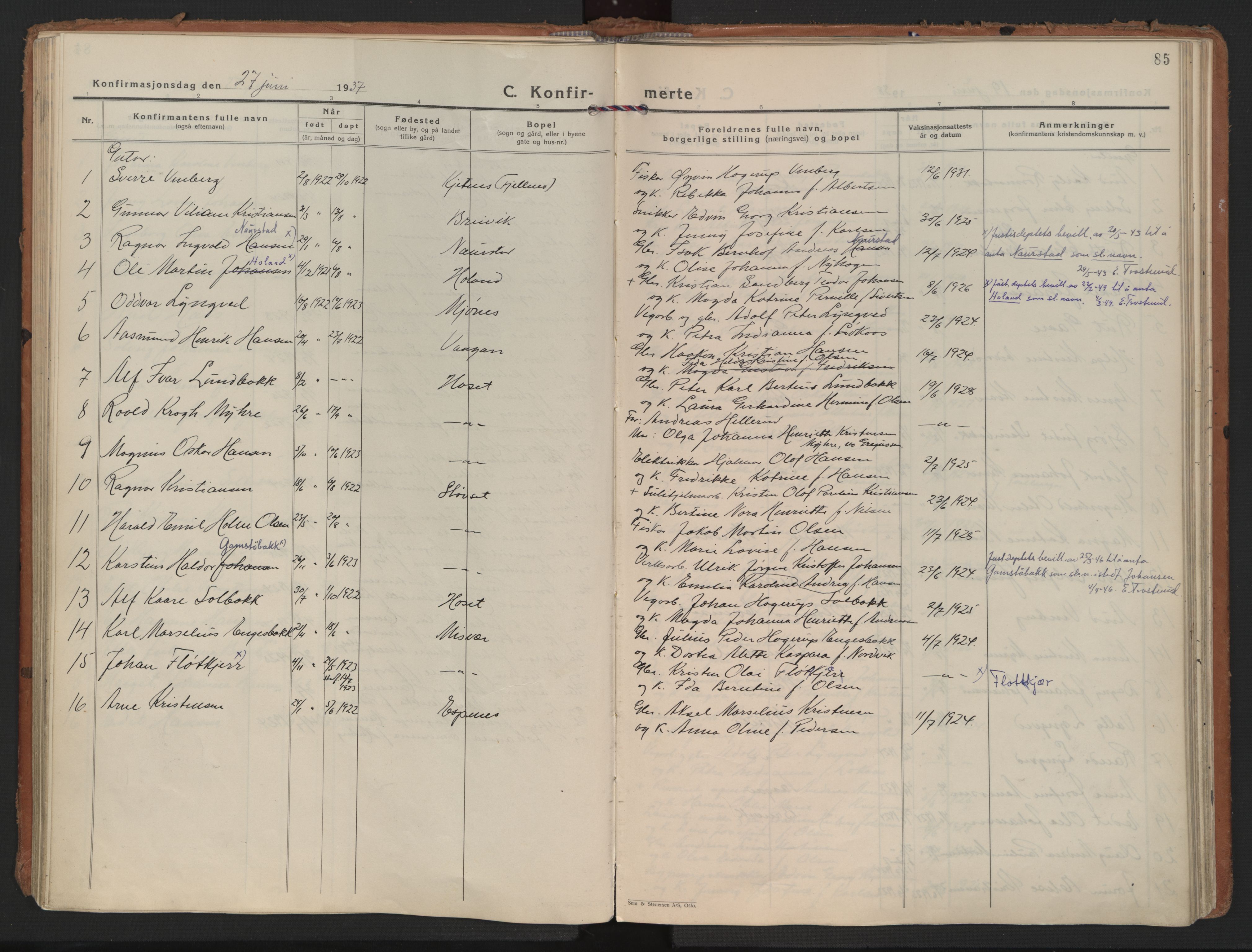 Ministerialprotokoller, klokkerbøker og fødselsregistre - Nordland, AV/SAT-A-1459/852/L0749: Parish register (official) no. 852A19, 1933-1951, p. 85