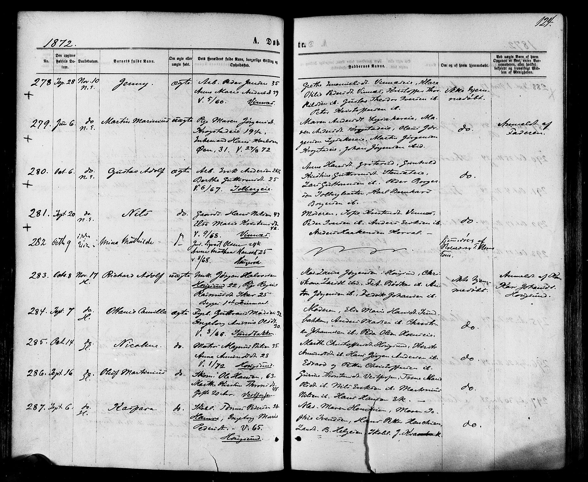 Eiker kirkebøker, SAKO/A-4/F/Fa/L0017: Parish register (official) no. I 17, 1869-1877, p. 124