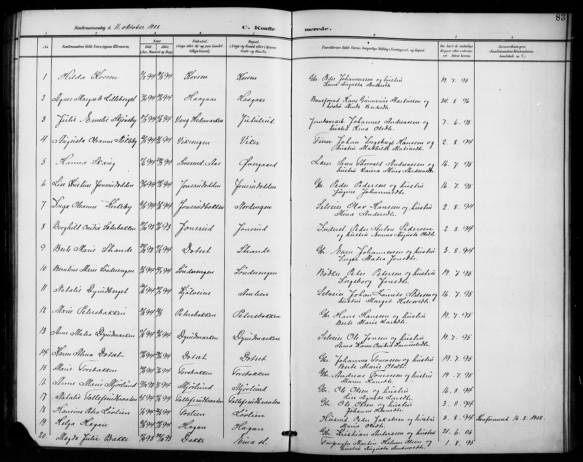 Vestre Toten prestekontor, SAH/PREST-108/H/Ha/Hab/L0016: Parish register (copy) no. 16, 1901-1915, p. 83