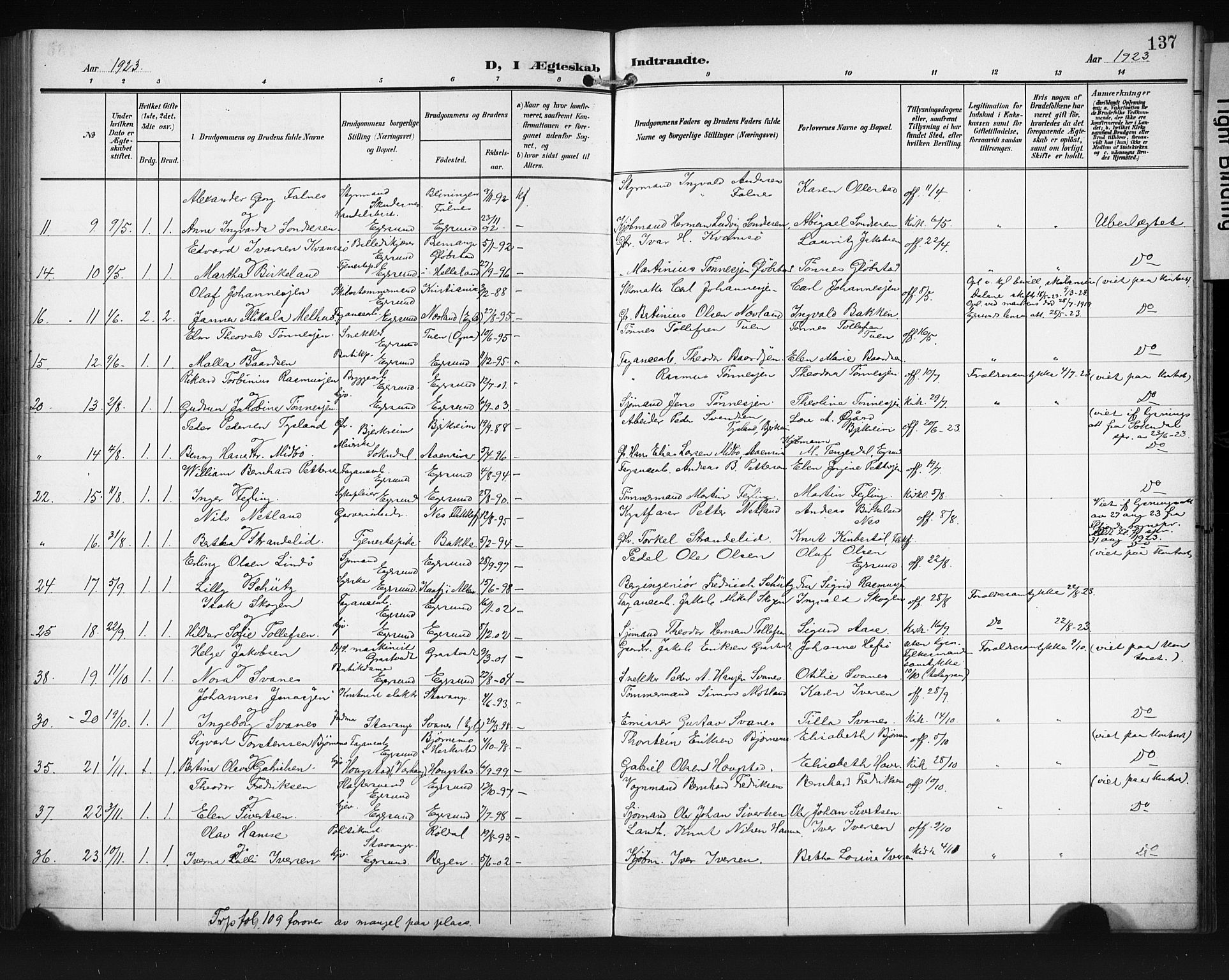 Eigersund sokneprestkontor, AV/SAST-A-101807/001/30/30BB/L0012: Parish register (copy) no. B 12, 1908-1930, p. 137
