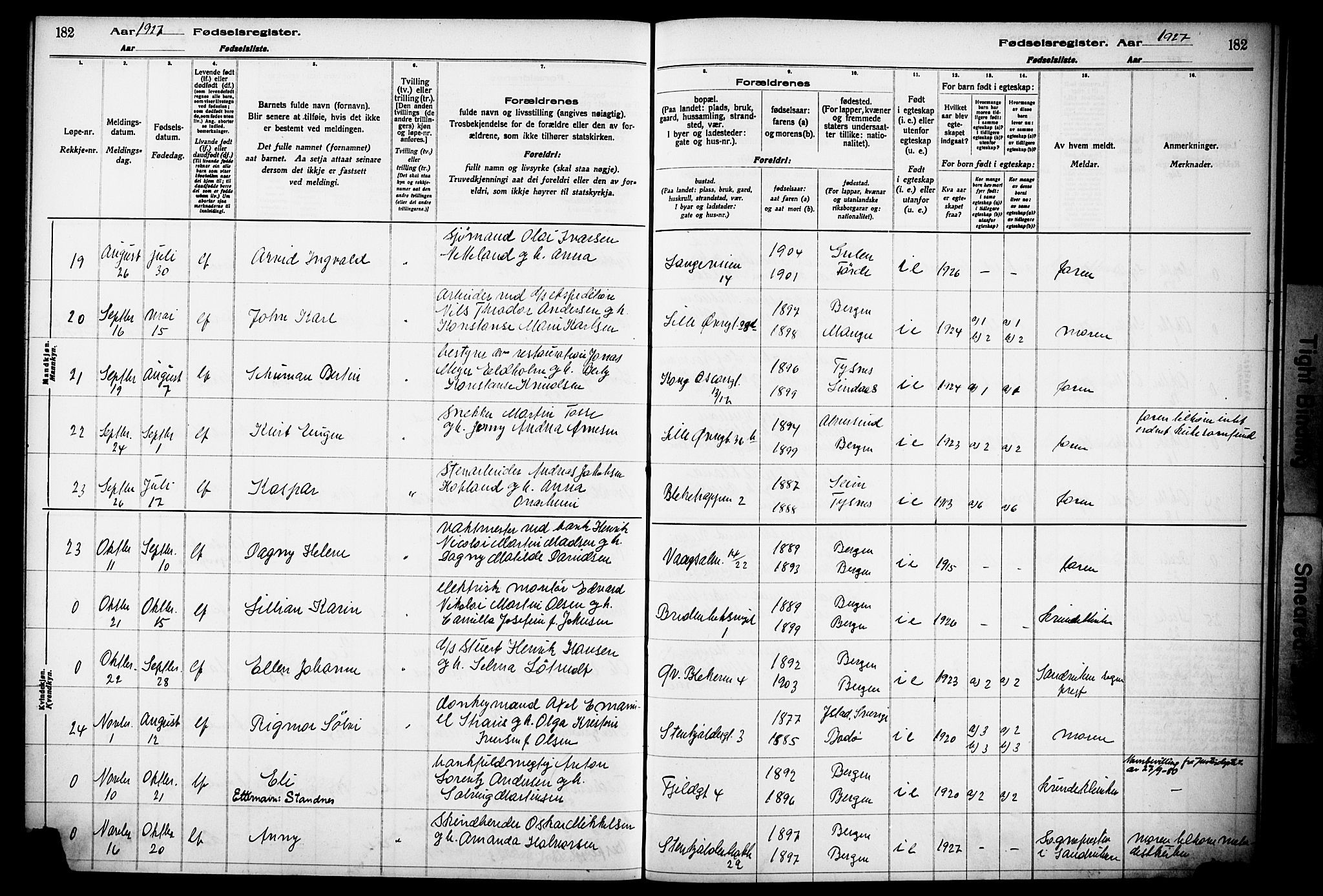 Korskirken sokneprestembete, AV/SAB-A-76101/I/Id/L00A1: Birth register no. A 1, 1916-1929, p. 182