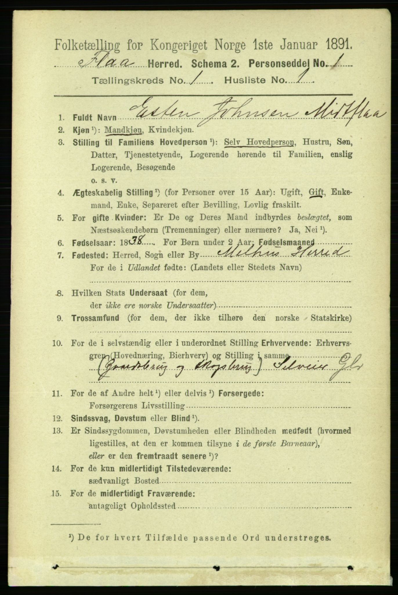 RA, 1891 census for 1652 Flå, 1891, p. 130