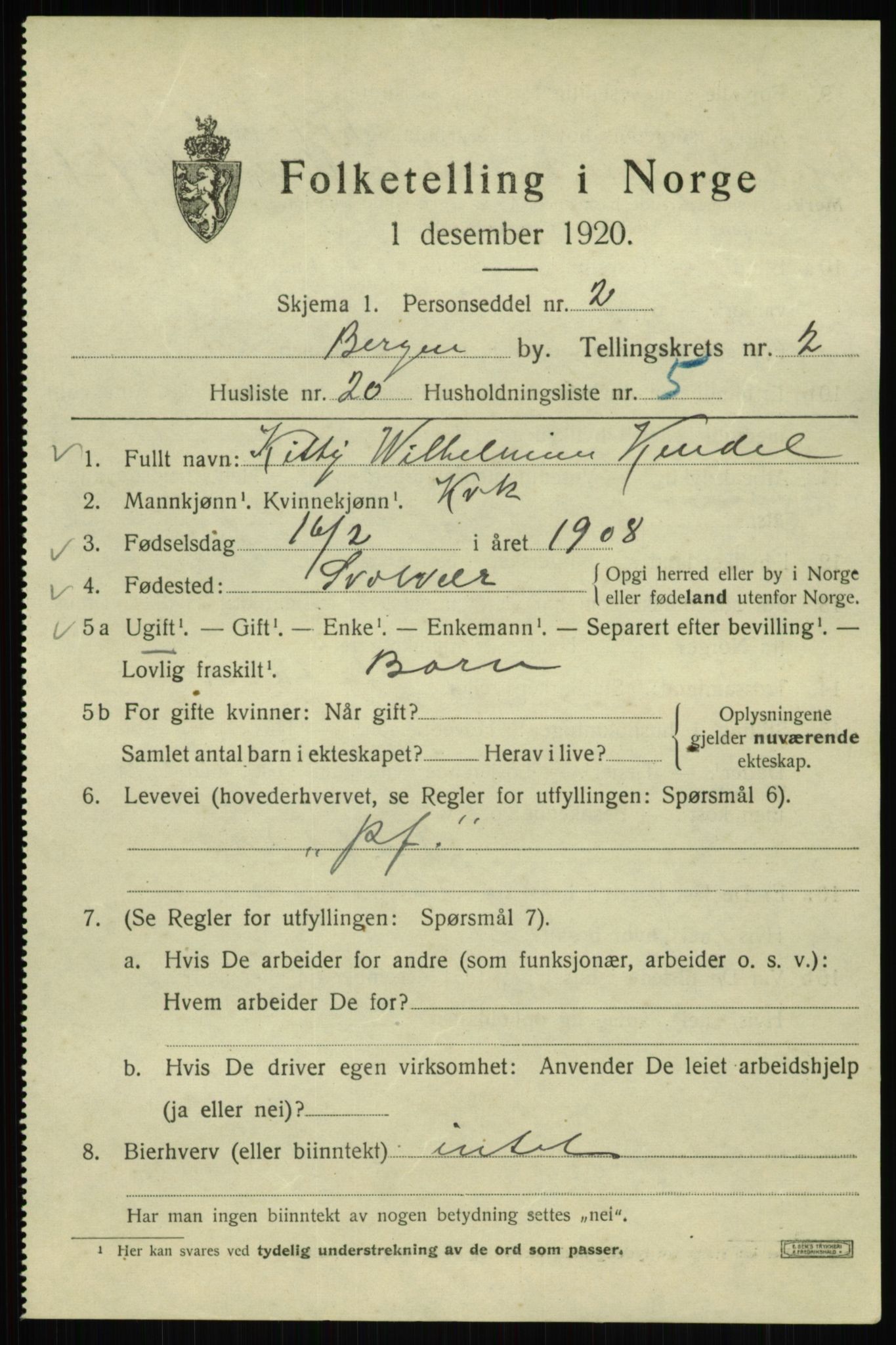 SAB, 1920 census for Bergen, 1920, p. 61073