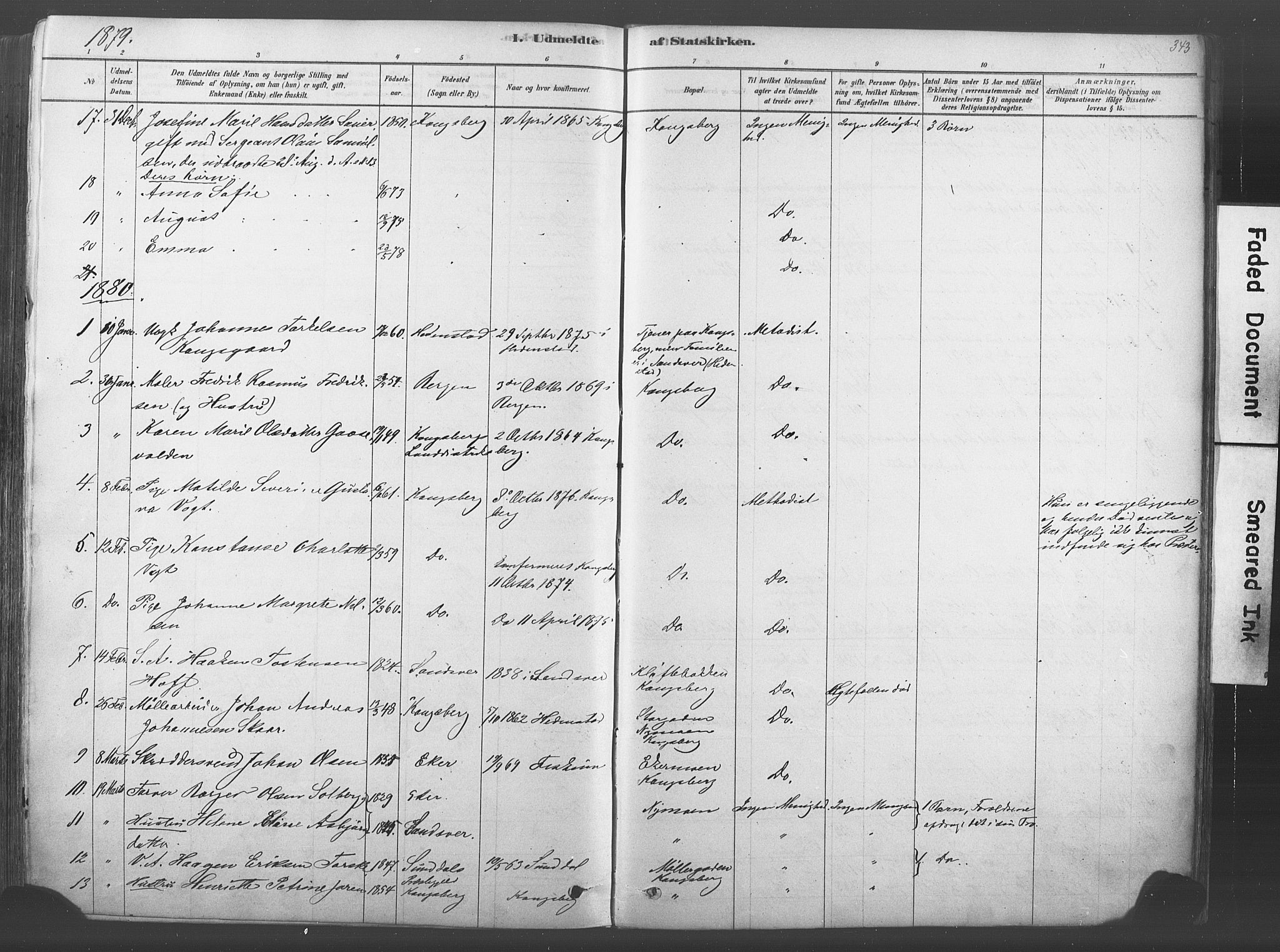 Kongsberg kirkebøker, SAKO/A-22/F/Fb/L0001: Parish register (official) no. II 1, 1878-1886, p. 343