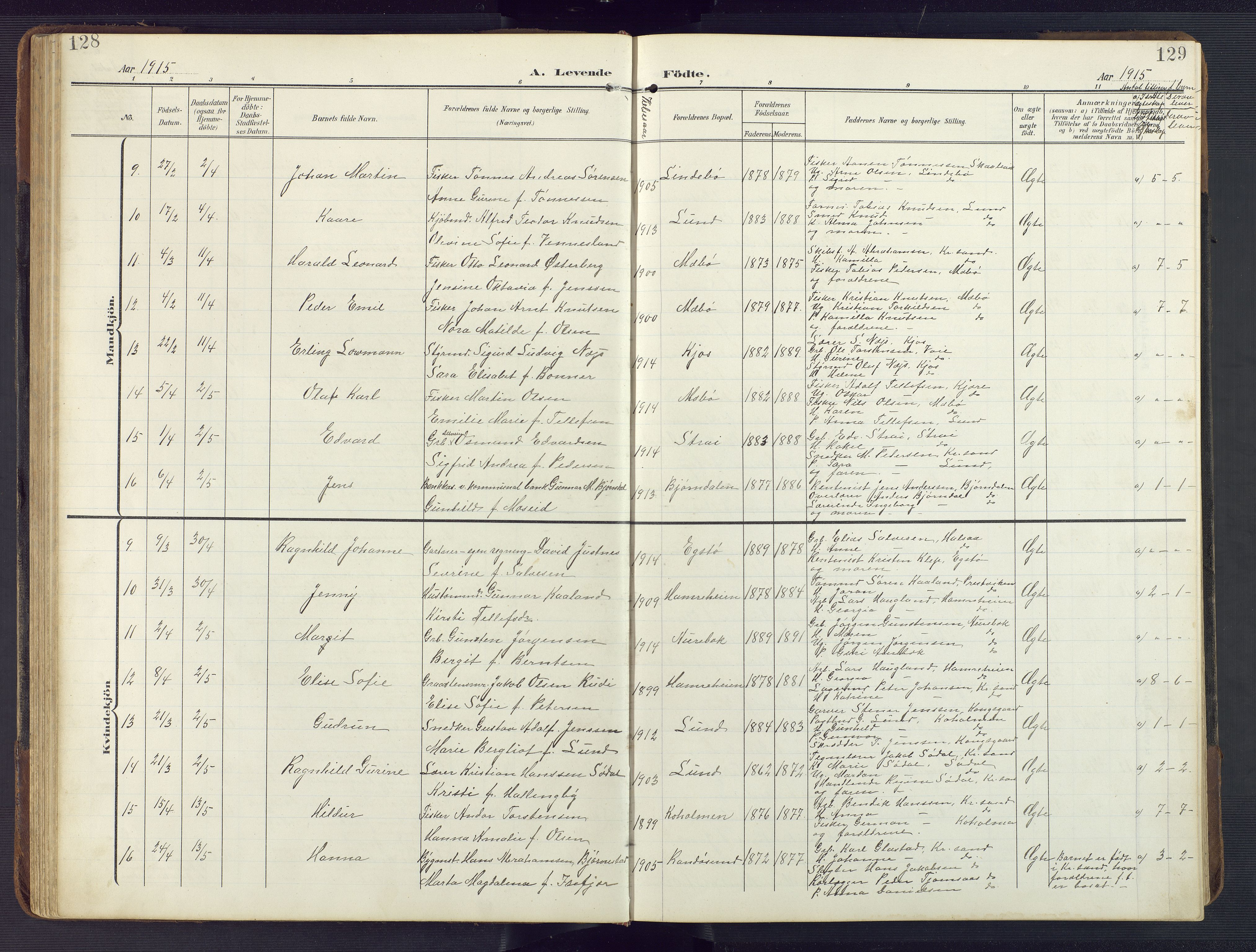 Oddernes sokneprestkontor, SAK/1111-0033/F/Fb/Fba/L0010: Parish register (copy) no. B 10, 1907-1941, p. 128-129