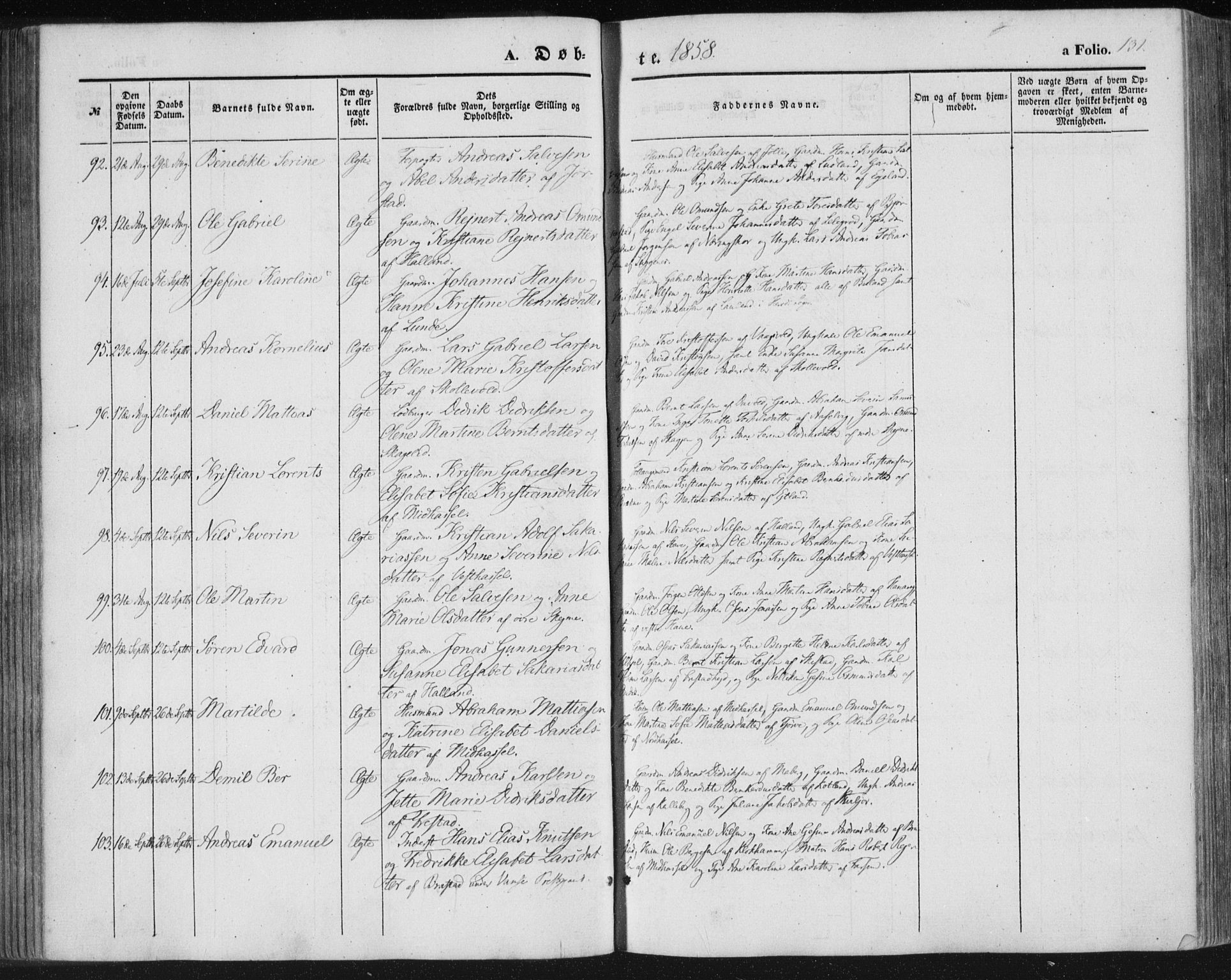 Lista sokneprestkontor, AV/SAK-1111-0027/F/Fa/L0010: Parish register (official) no. A 10, 1846-1861, p. 131