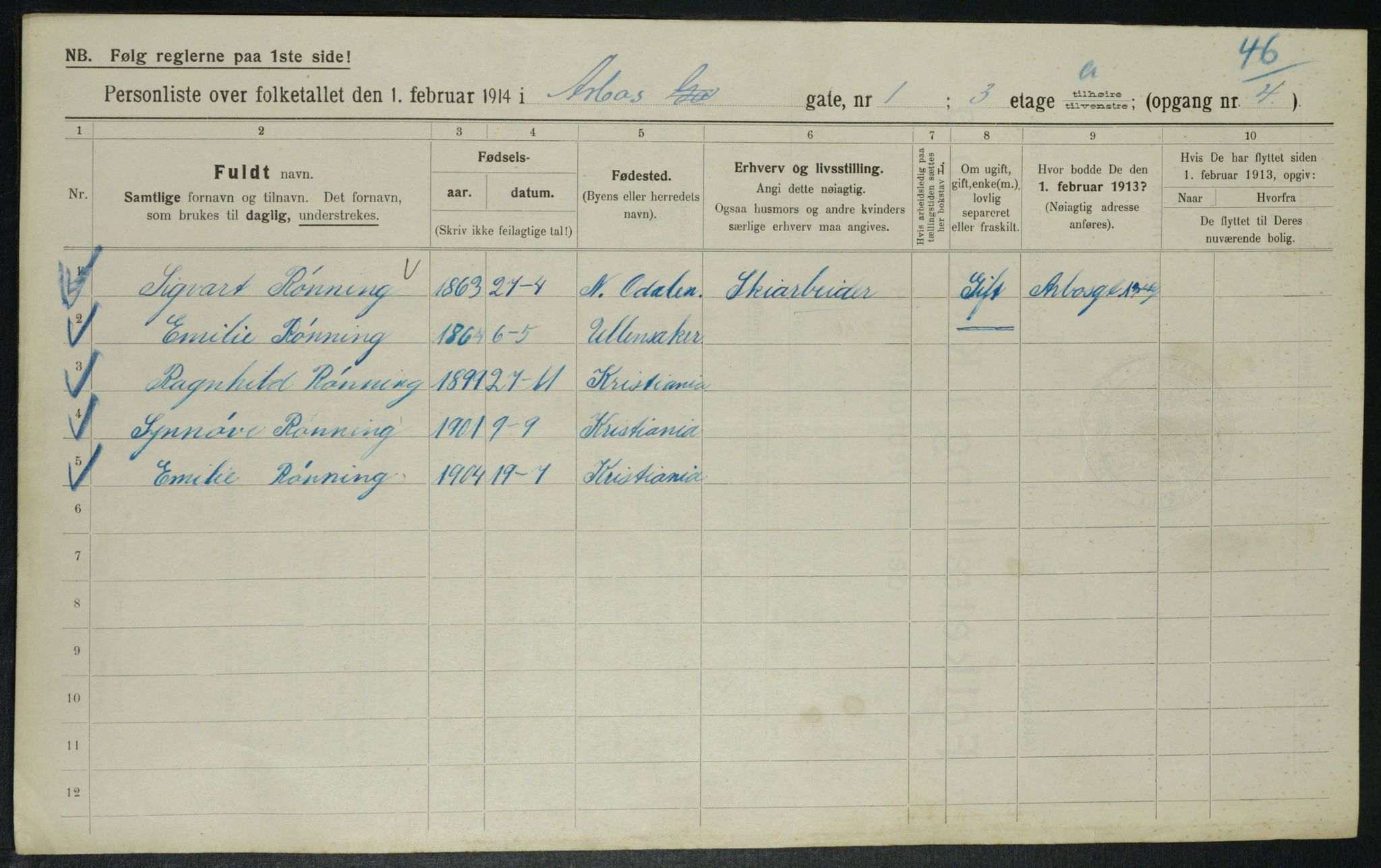 OBA, Municipal Census 1914 for Kristiania, 1914, p. 1733