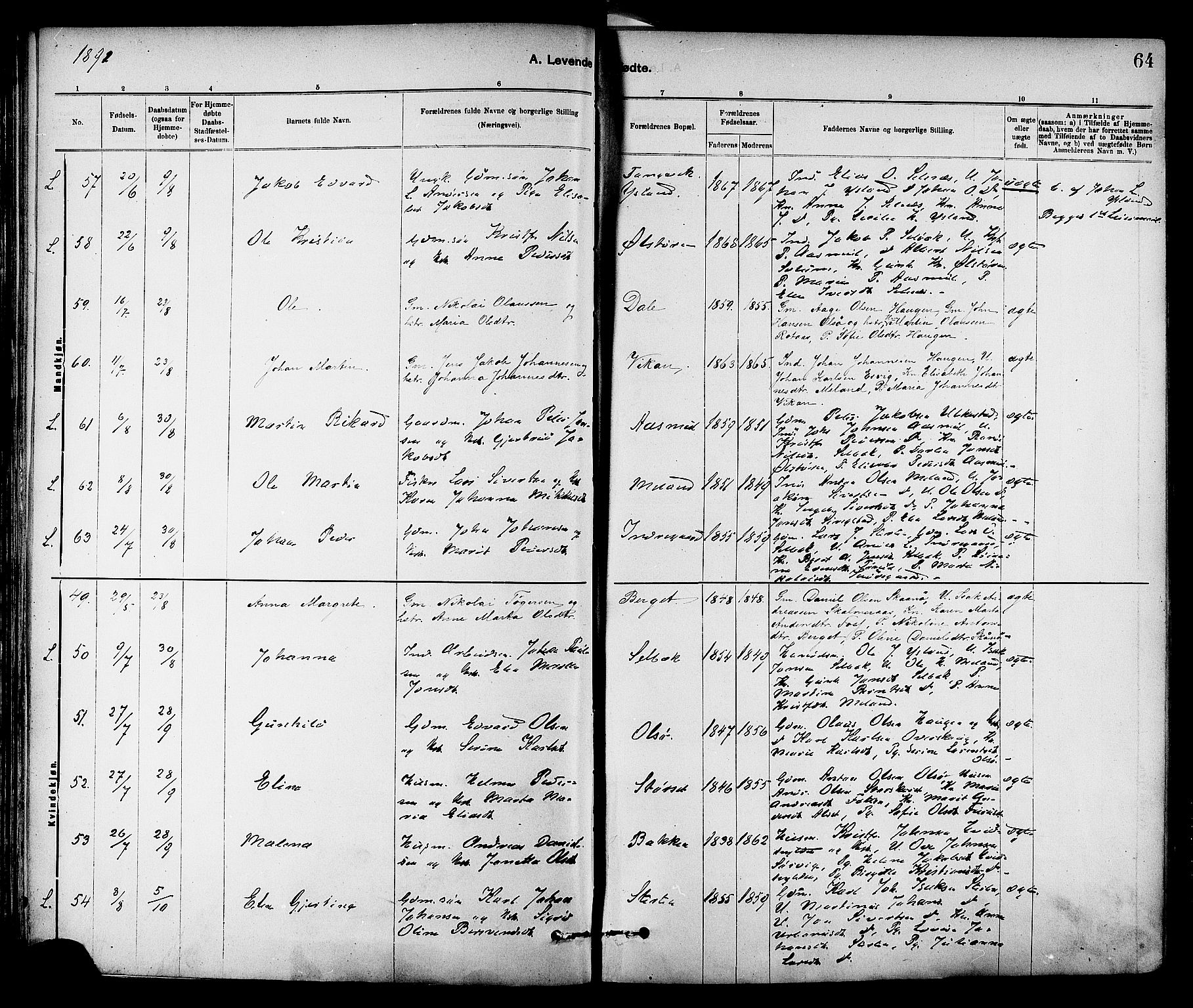 Ministerialprotokoller, klokkerbøker og fødselsregistre - Sør-Trøndelag, SAT/A-1456/647/L0634: Parish register (official) no. 647A01, 1885-1896, p. 64