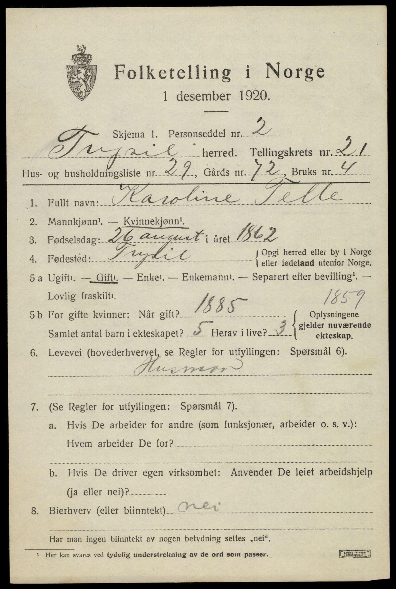 SAH, 1920 census for Trysil, 1920, p. 14113