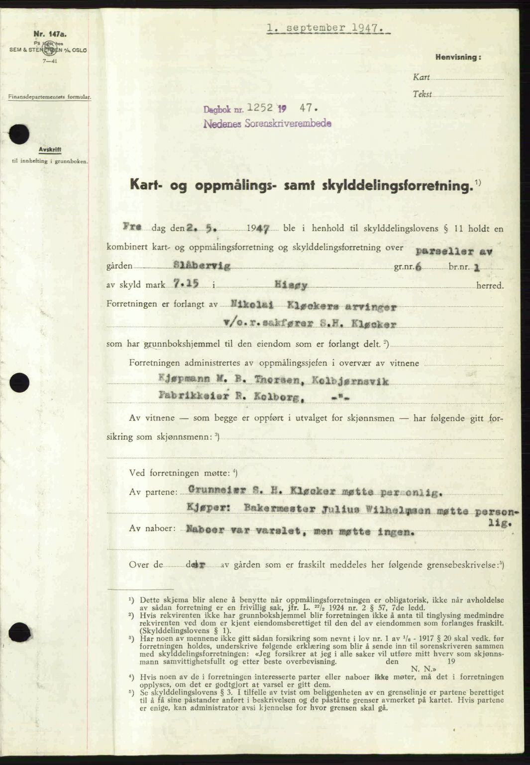 Nedenes sorenskriveri, SAK/1221-0006/G/Gb/Gba/L0058: Mortgage book no. A10, 1947-1948, Diary no: : 1252/1947