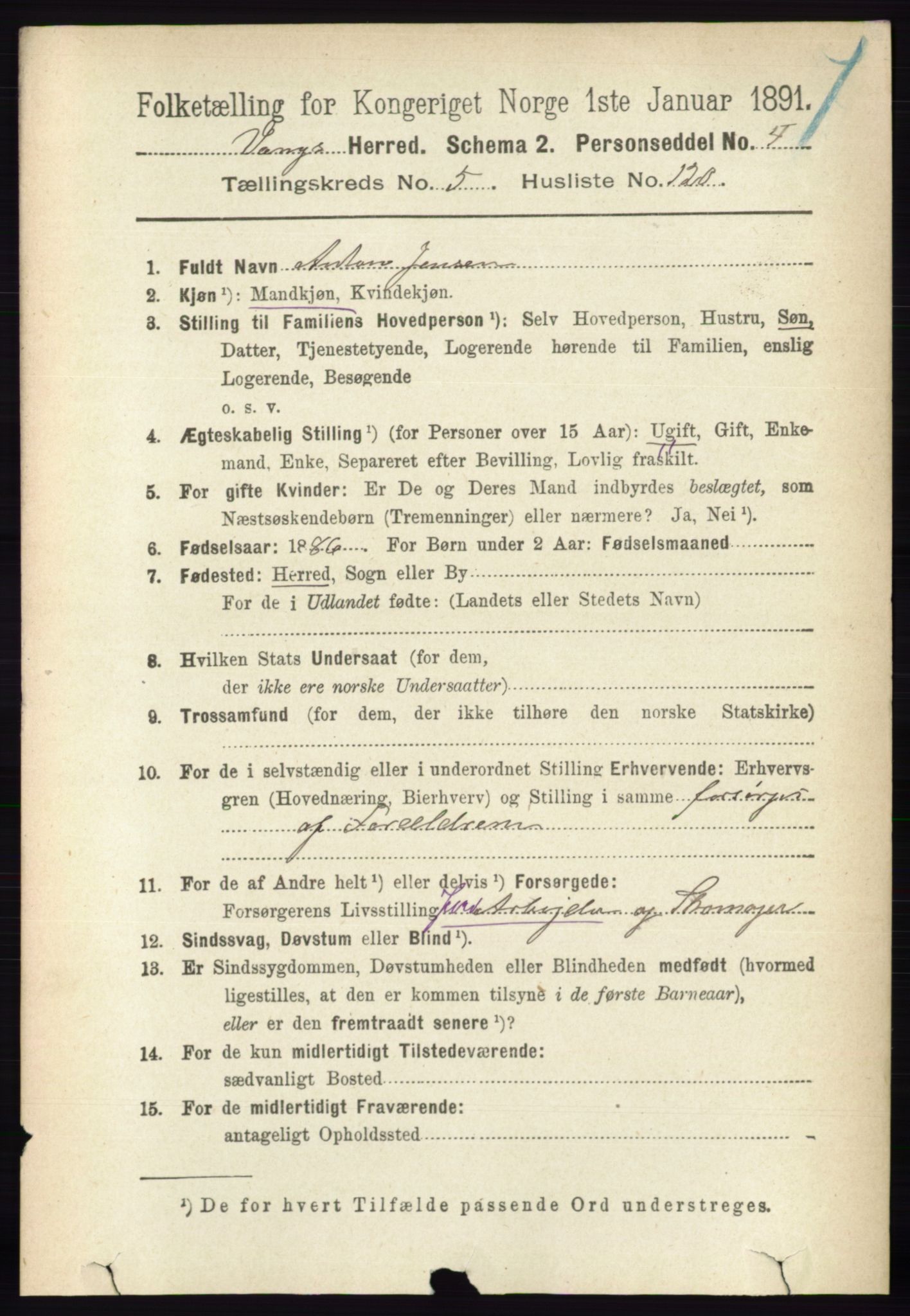 RA, 1891 census for 0414 Vang, 1891, p. 4154