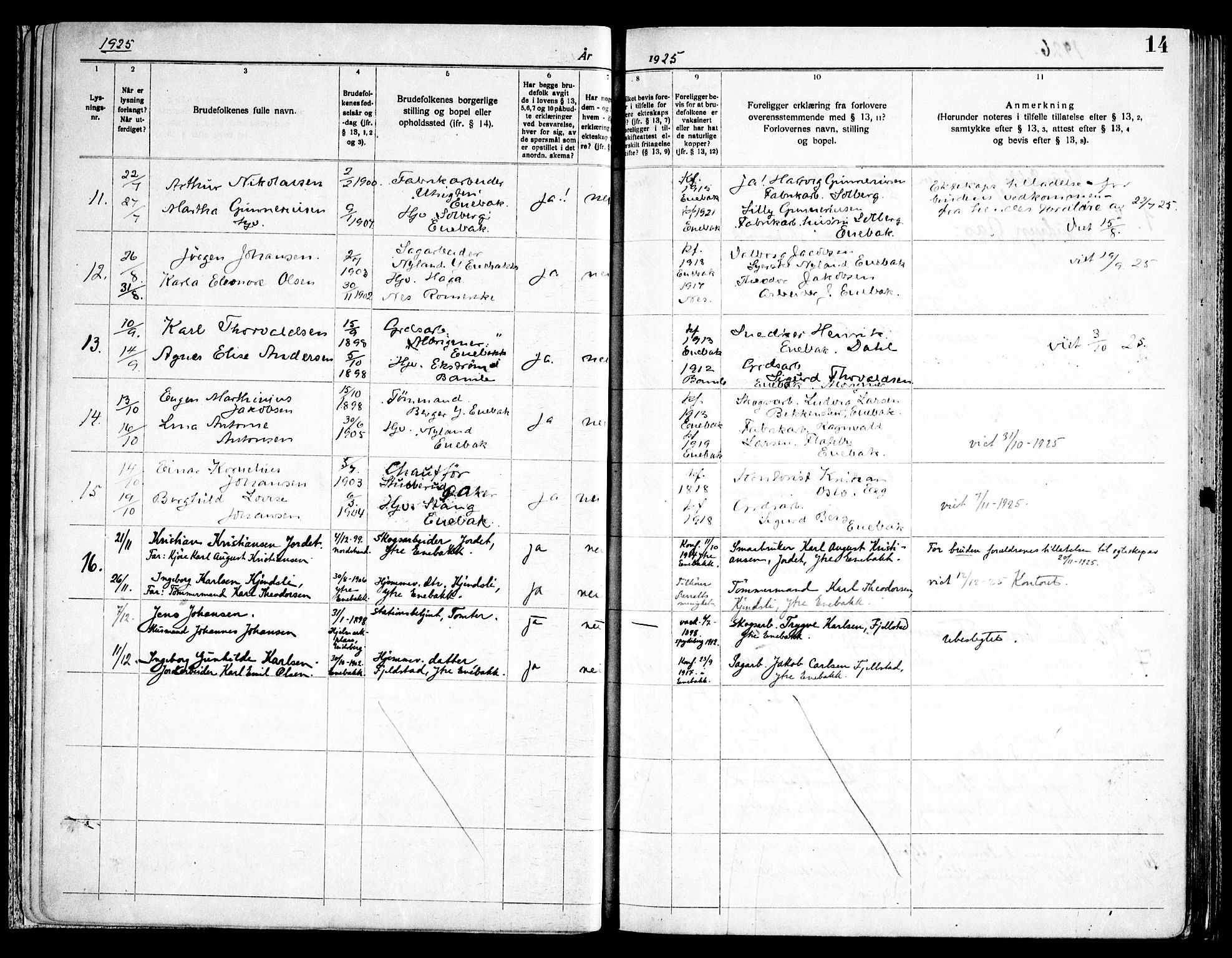 Enebakk prestekontor Kirkebøker, SAO/A-10171c/H/Ha/L0001: Banns register no. 1, 1919-1958, p. 14