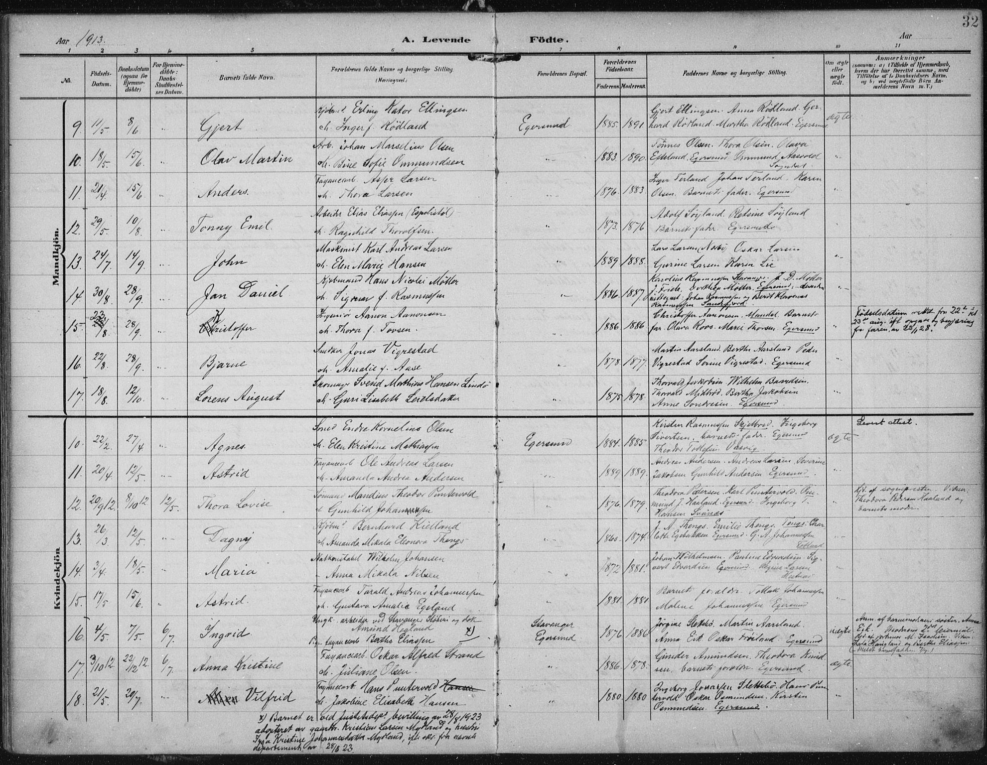 Eigersund sokneprestkontor, AV/SAST-A-101807/S08/L0022: Parish register (official) no. A 21, 1905-1928, p. 32