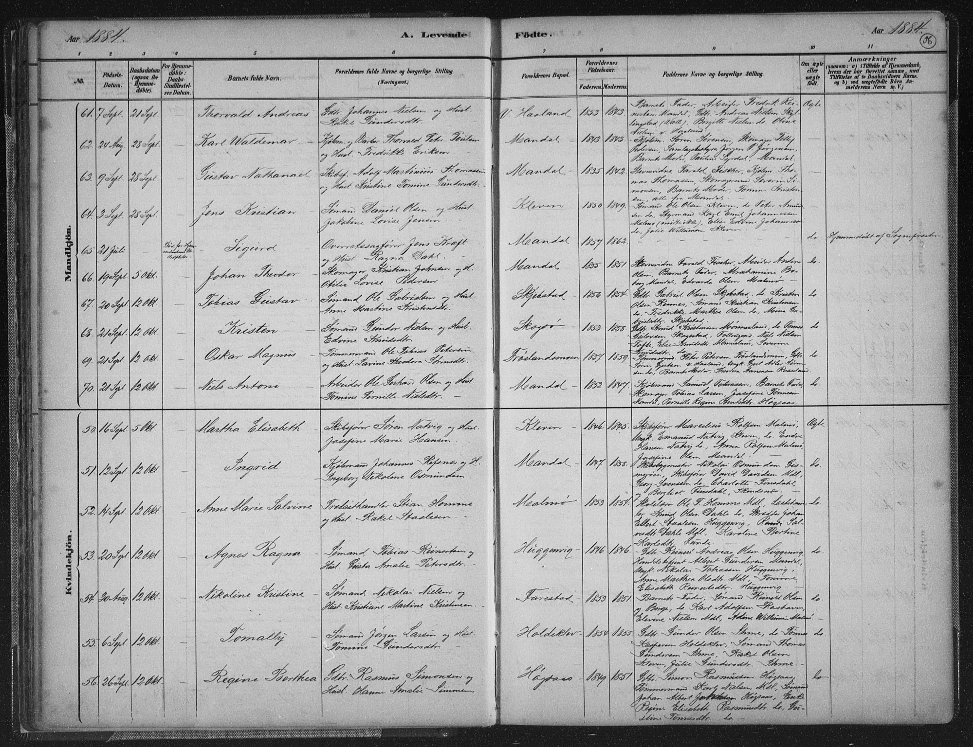 Mandal sokneprestkontor, AV/SAK-1111-0030/F/Fb/Fba/L0011: Parish register (copy) no. B 5, 1880-1898, p. 56