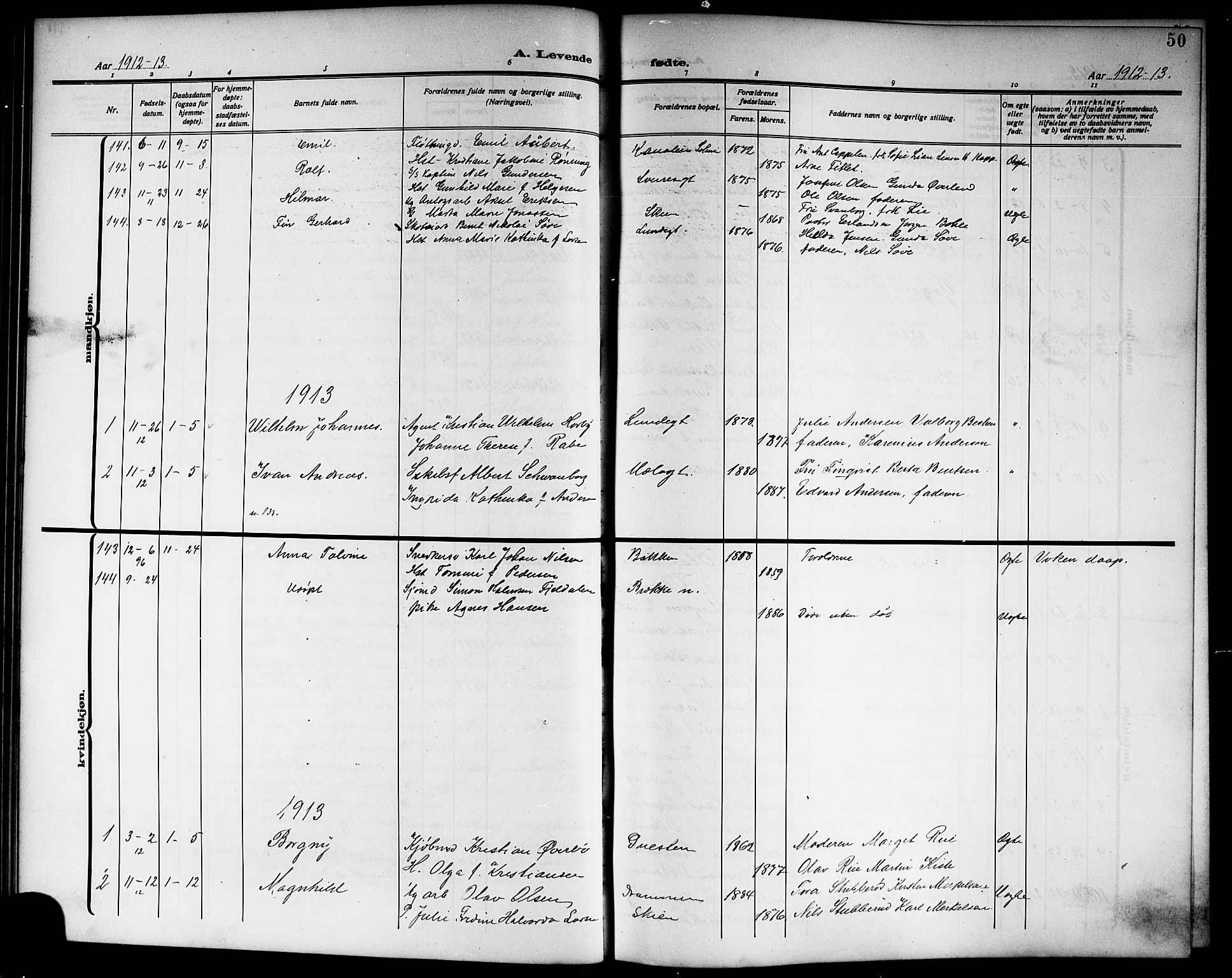 Skien kirkebøker, SAKO/A-302/G/Ga/L0009: Parish register (copy) no. 9, 1910-1920, p. 50