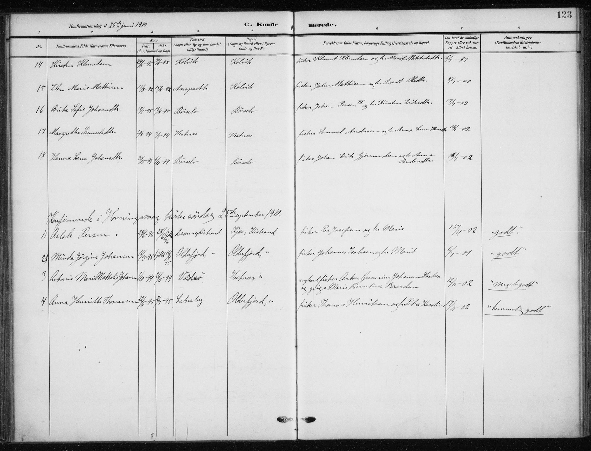Kistrand/Porsanger sokneprestembete, SATØ/S-1351/H/Ha/L0014.kirke: Parish register (official) no. 14, 1908-1917, p. 123