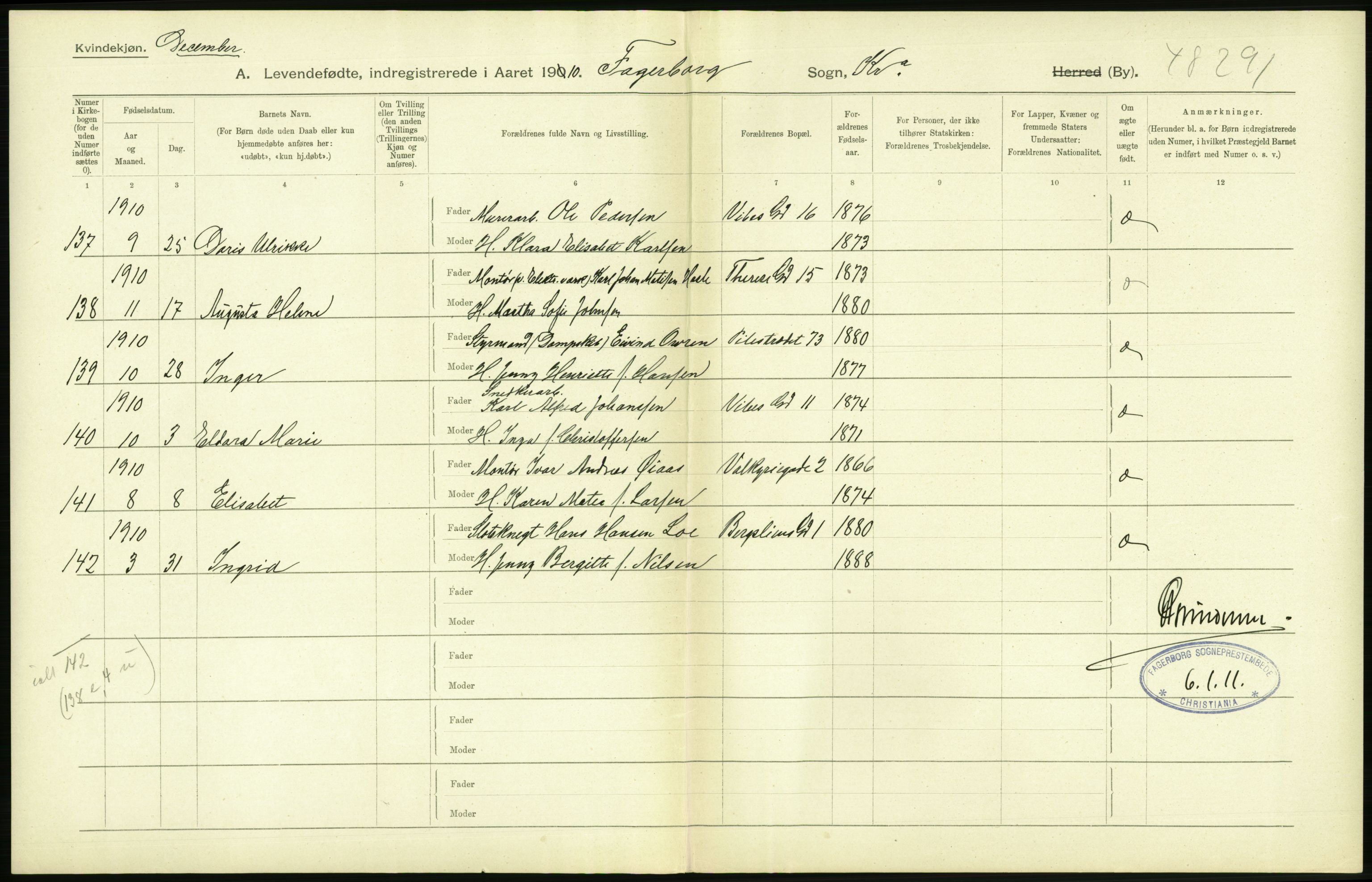 Statistisk sentralbyrå, Sosiodemografiske emner, Befolkning, RA/S-2228/D/Df/Dfa/Dfah/L0007: Kristiania: Levendefødte kvinner., 1910, p. 326