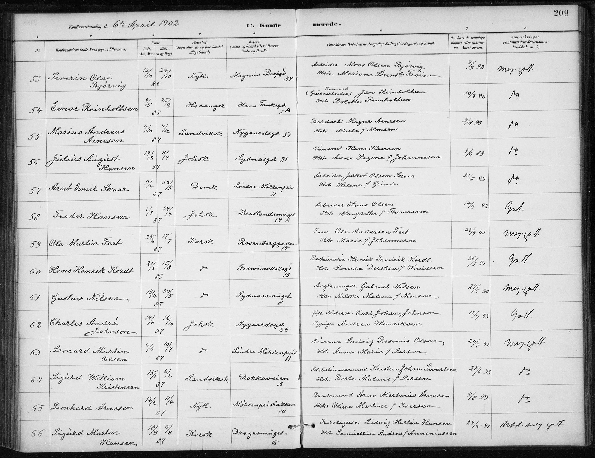 Johanneskirken sokneprestembete, AV/SAB-A-76001/H/Haa/L0008: Parish register (official) no. C 1, 1885-1907, p. 209