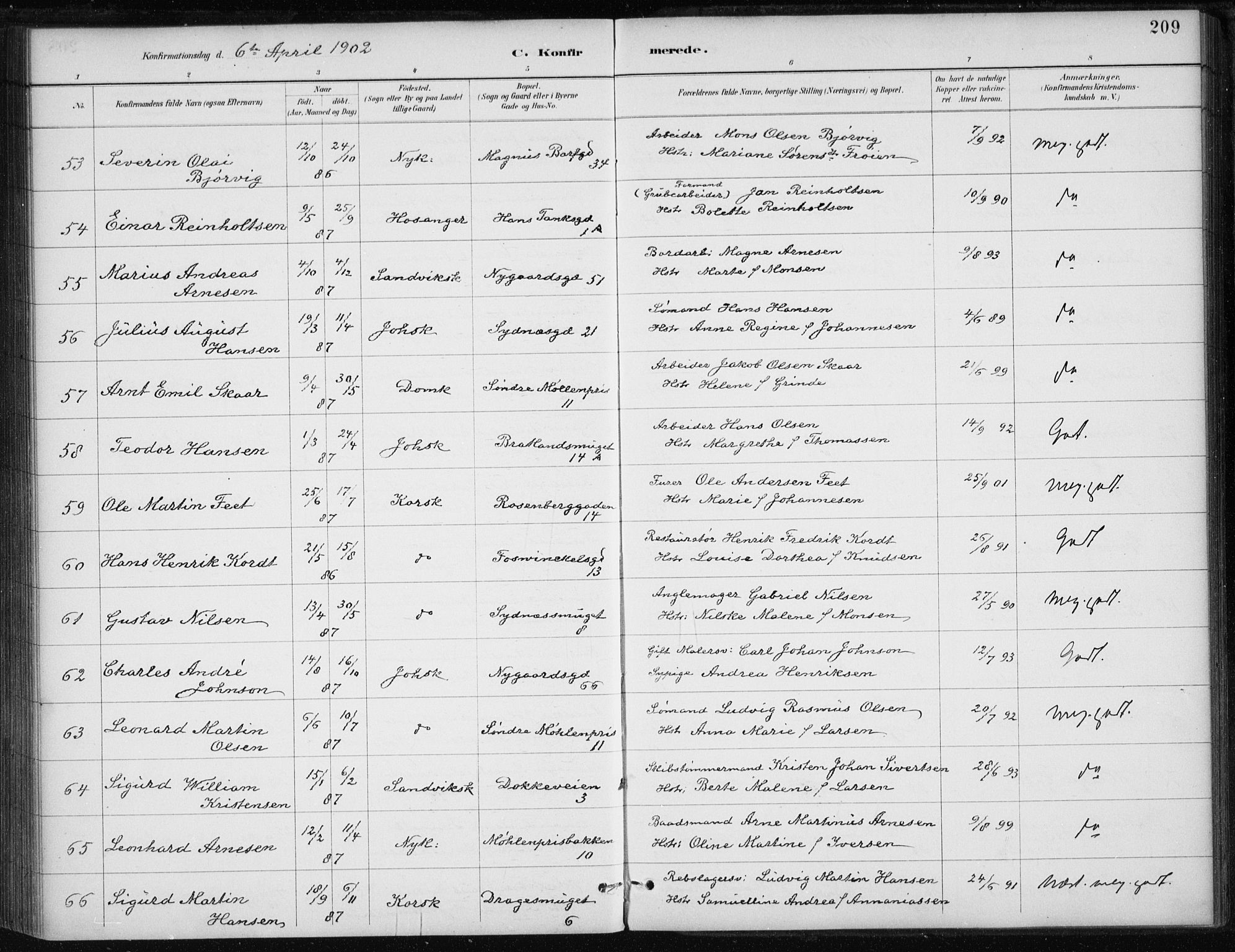 Johanneskirken sokneprestembete, AV/SAB-A-76001/H/Haa/L0008: Parish register (official) no. C 1, 1885-1907, p. 209