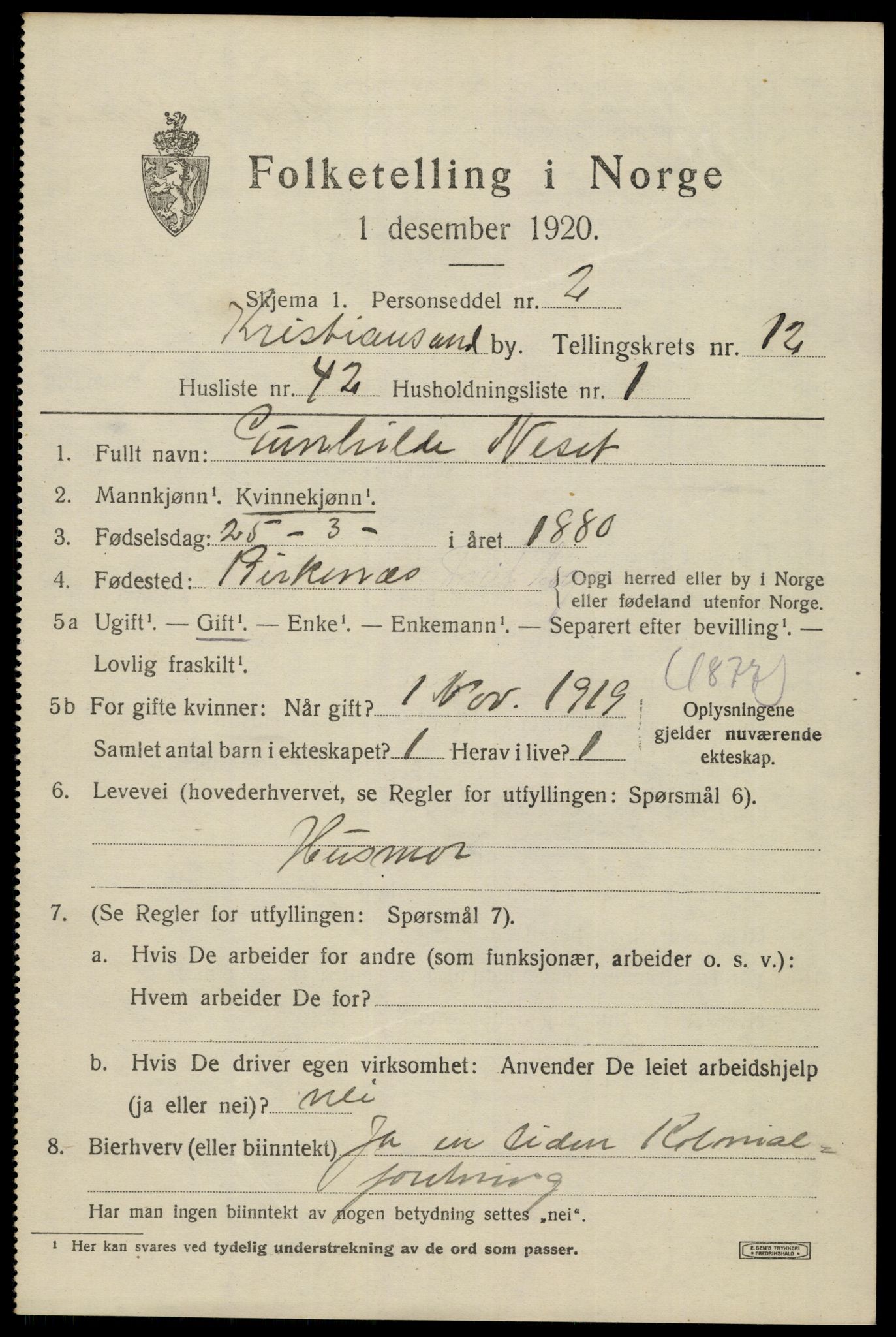 SAK, 1920 census for Kristiansand, 1920, p. 26749