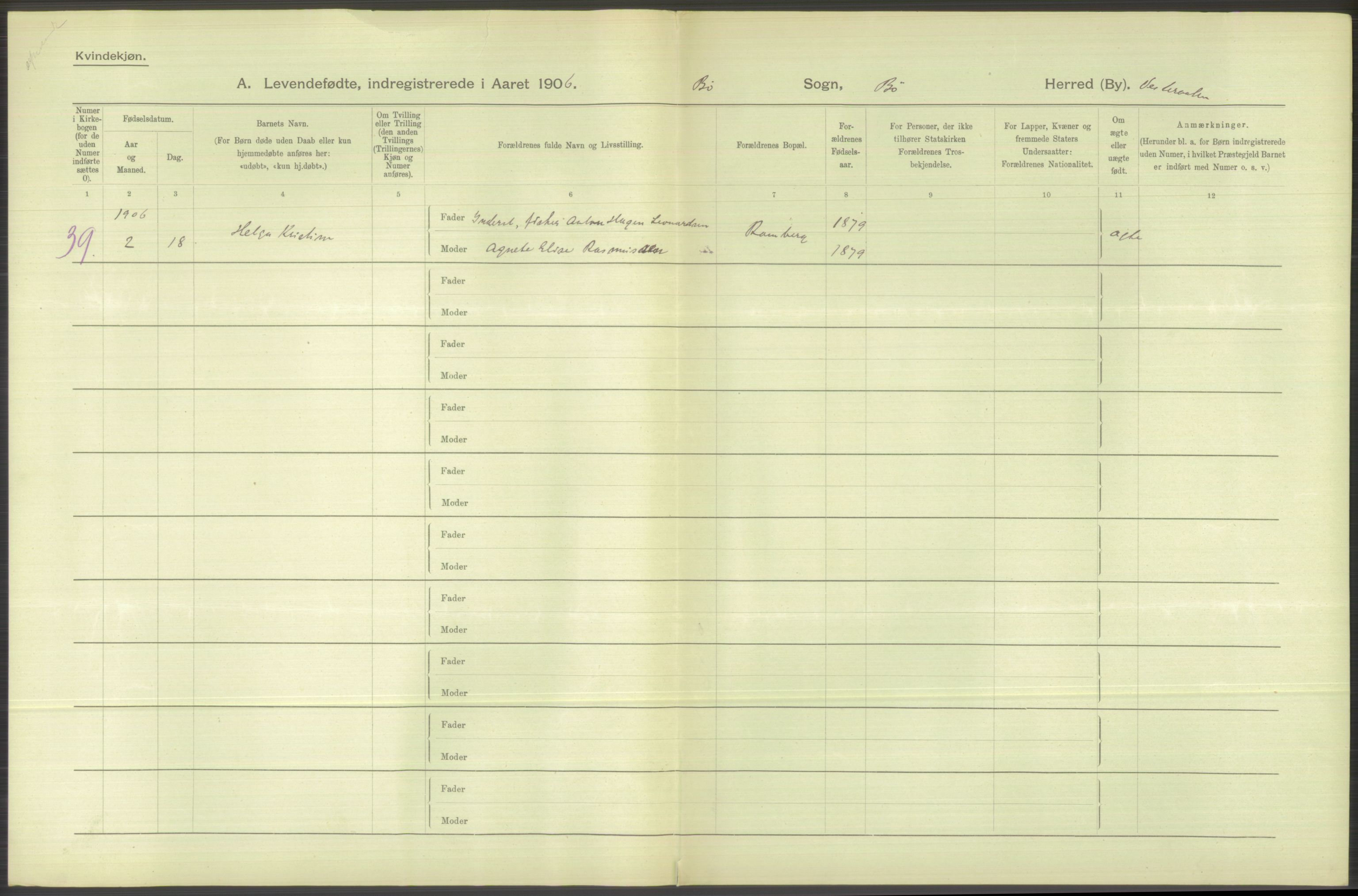 Statistisk sentralbyrå, Sosiodemografiske emner, Befolkning, AV/RA-S-2228/D/Df/Dfa/Dfad/L0044: Nordlands amt: Levendefødte menn og kvinner. Bygder., 1906, p. 64