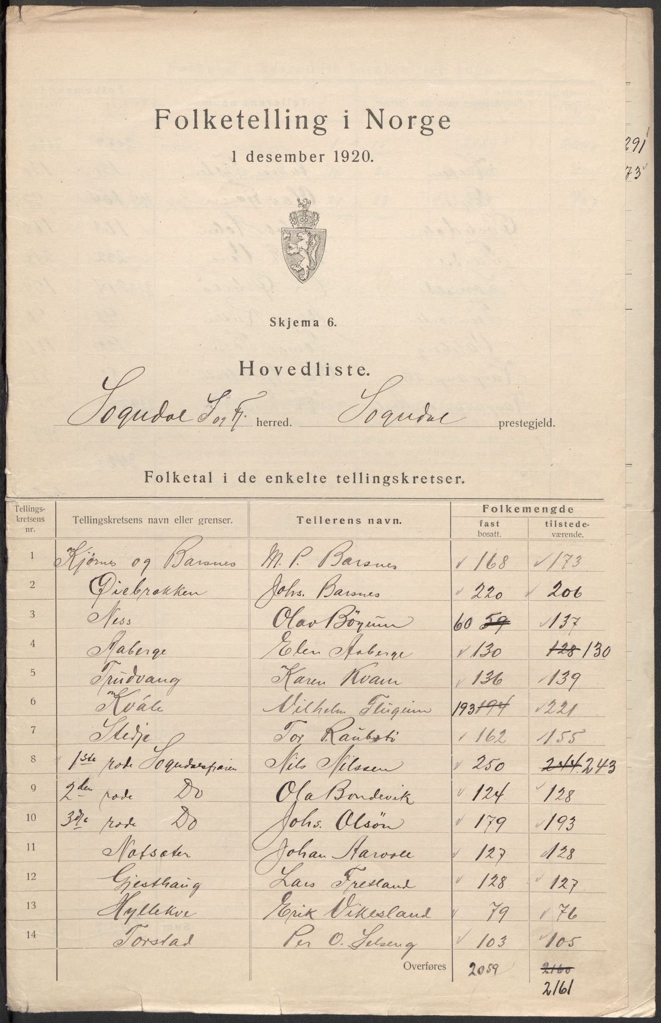 SAB, 1920 census for Sogndal, 1920, p. 2