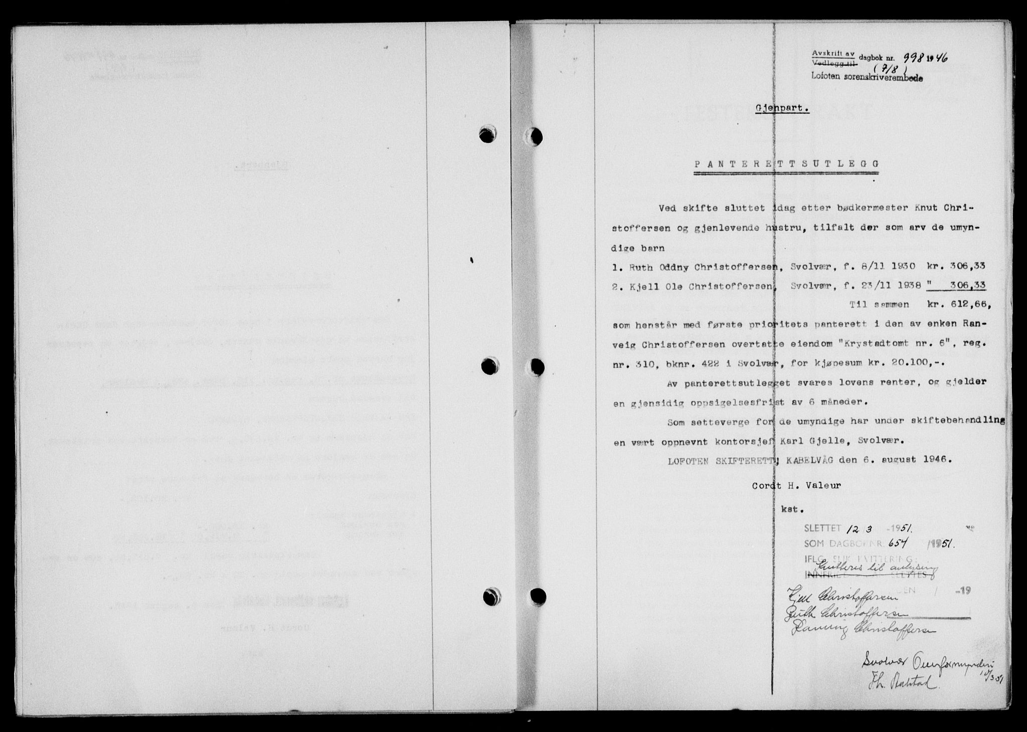 Lofoten sorenskriveri, SAT/A-0017/1/2/2C/L0014a: Mortgage book no. 14a, 1946-1946, Diary no: : 998/1946