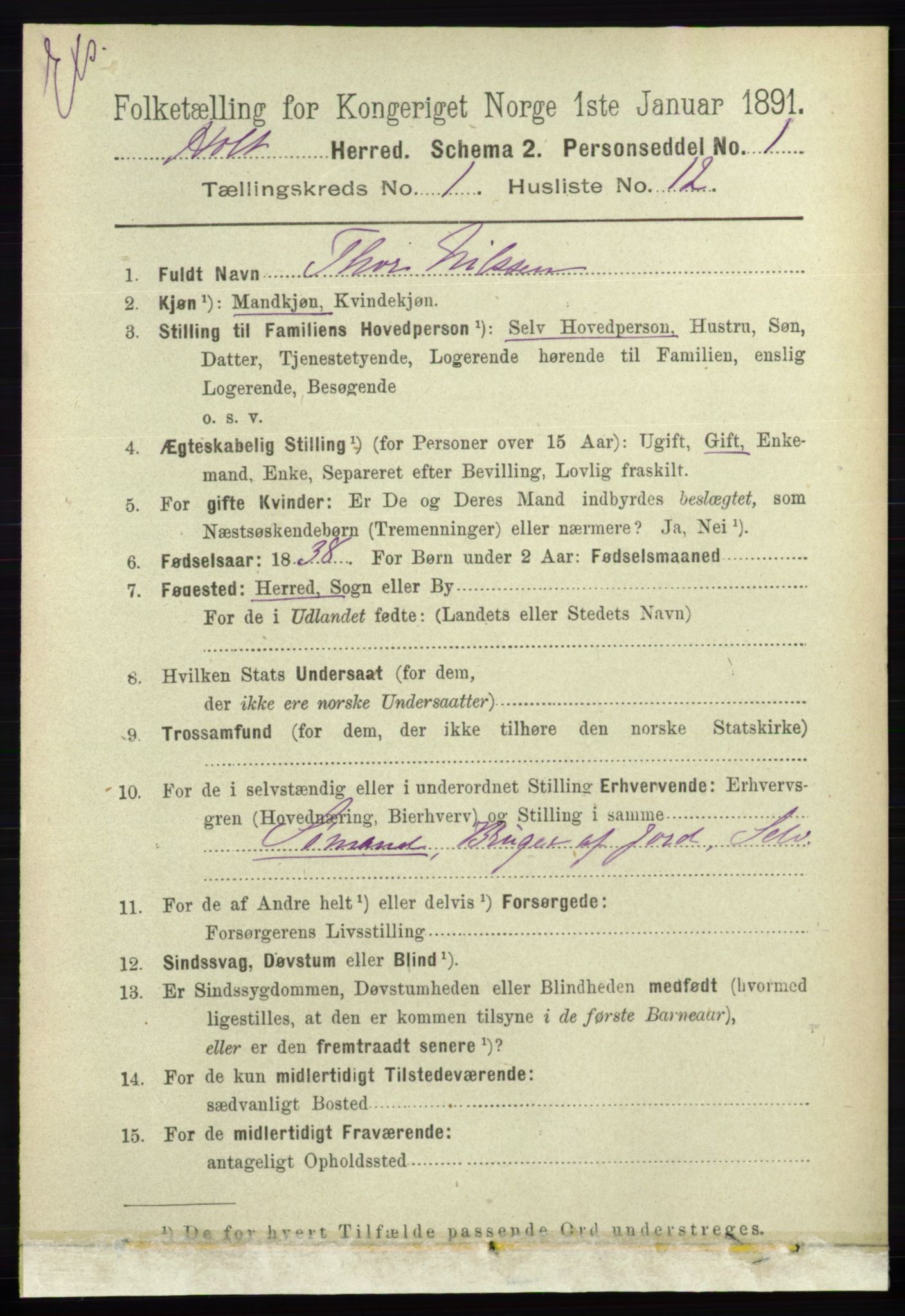 RA, Census 1891 for Nedenes amt: Gjenparter av personsedler for beslektede ektefeller, menn, 1891, p. 268