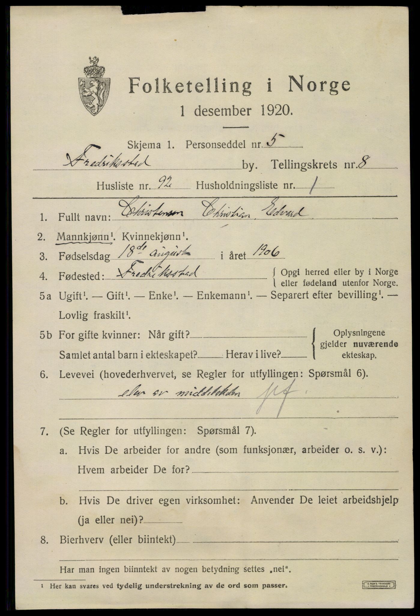 SAO, 1920 census for Fredrikstad, 1920, p. 25057