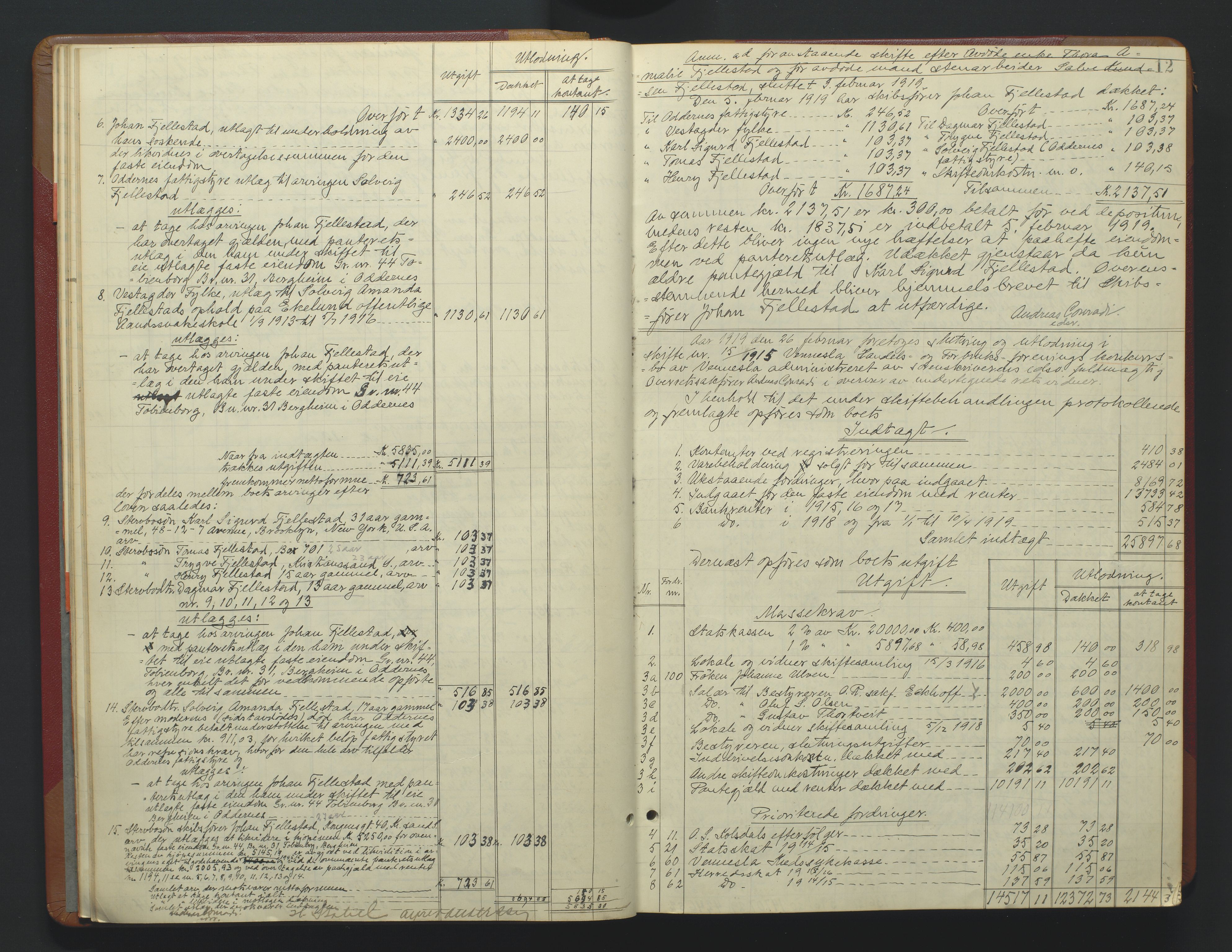 Torridal sorenskriveri, AV/SAK-1221-0012/H/Hc/L0037: Skifteutlodningsprotokoll med navneregister nr. 6, 1918-1927, p. 12