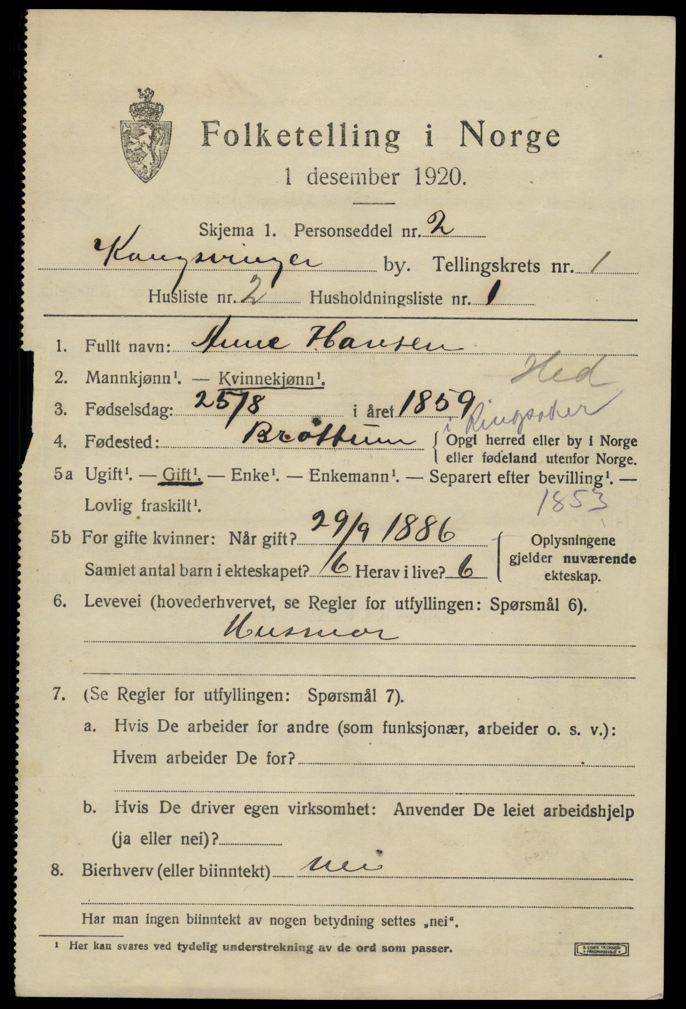 SAH, 1920 census for Kongsvinger, 1920, p. 1427